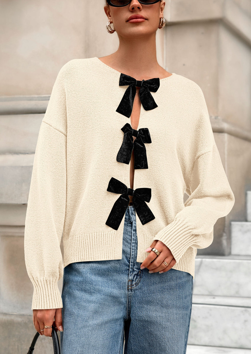 Cardigan Sweaters for Women Fall Bow Tie Front Long Sleeve Knit Sweater Tops Cute Going Out Outfits
