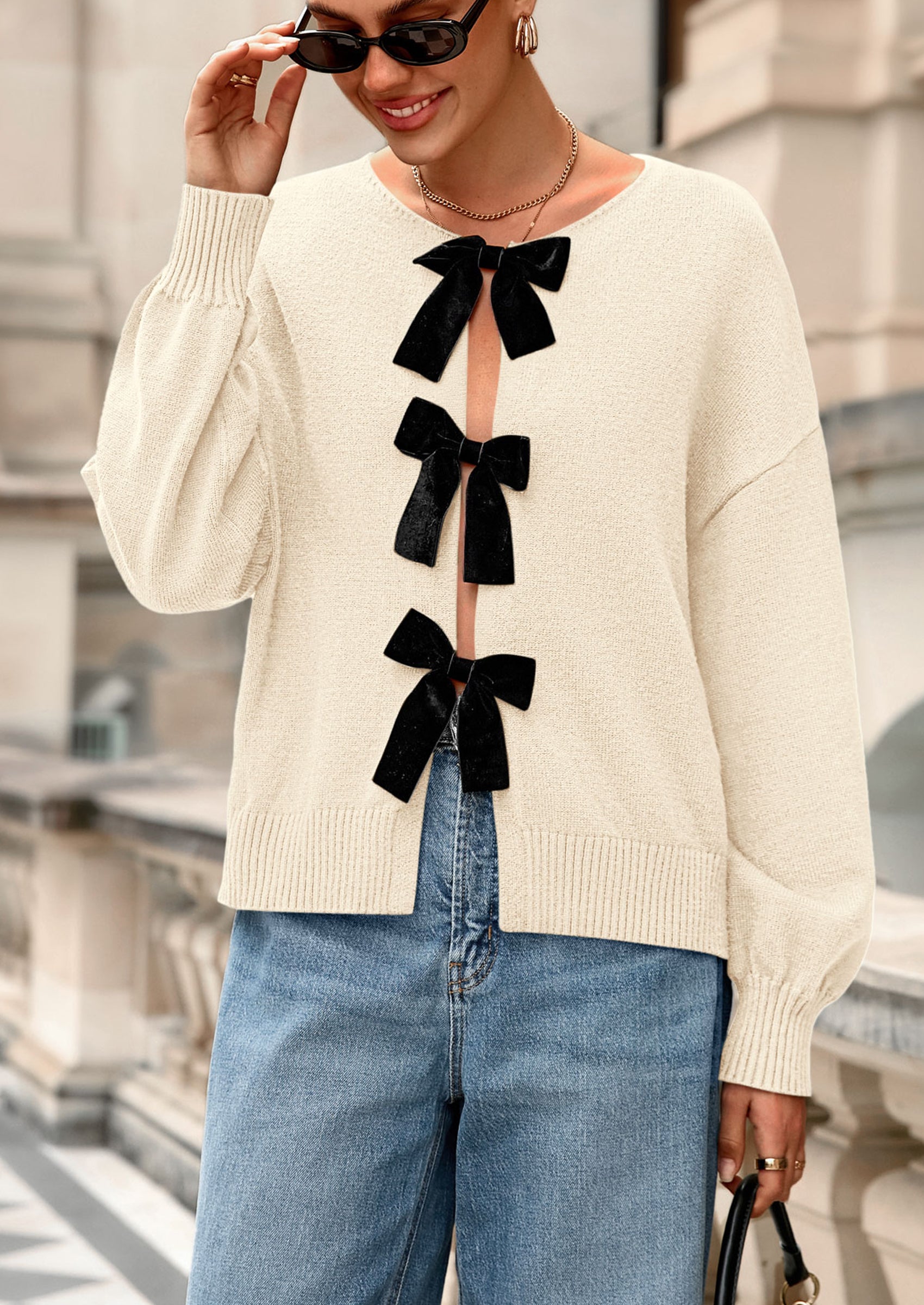 Cardigan Sweaters for Women Fall Bow Tie Front Long Sleeve Knit Sweater Tops Cute Going Out Outfits