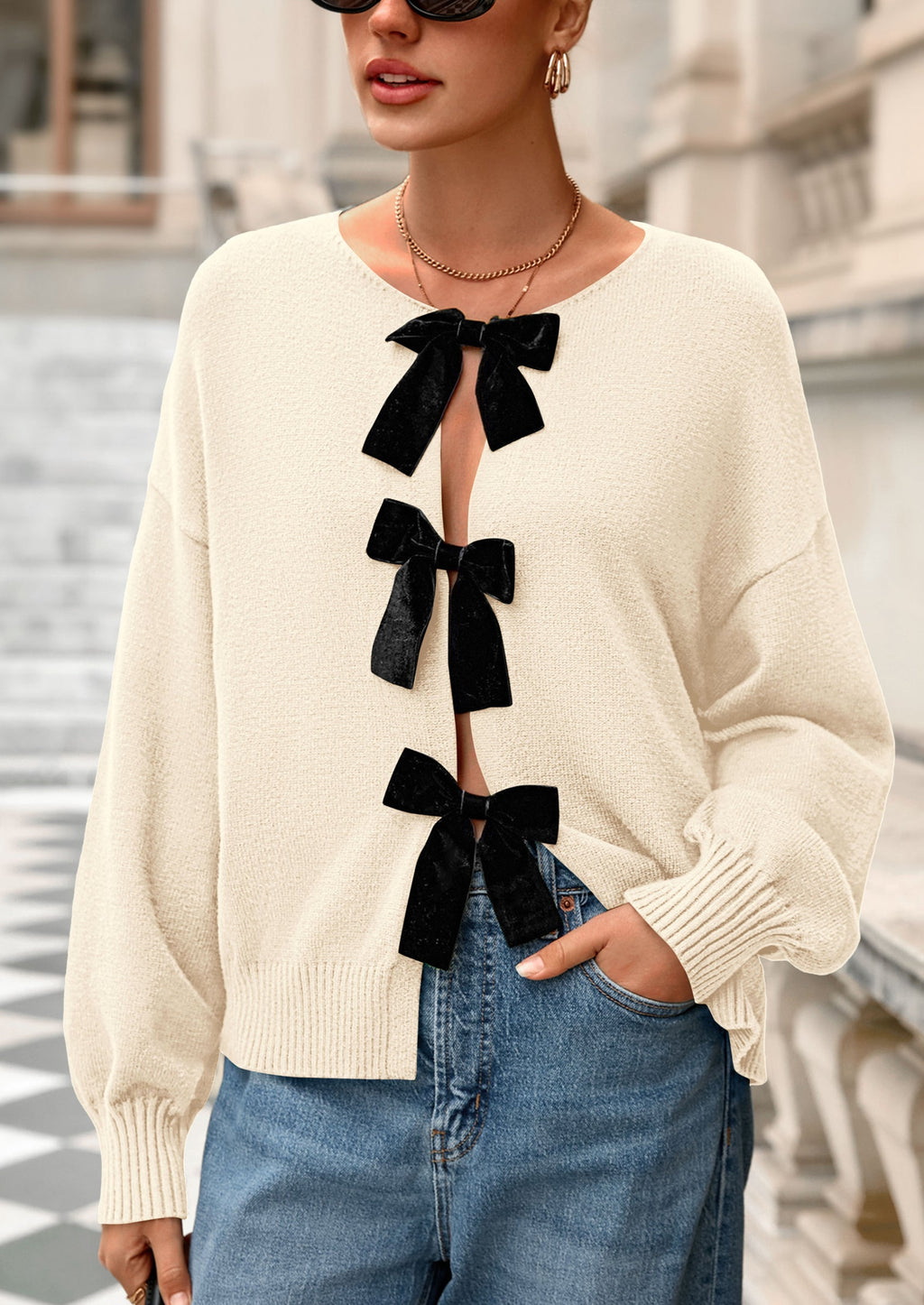 Cardigan Sweaters for Women Fall Bow Tie Front Long Sleeve Knit Sweater Tops Cute Going Out Outfits