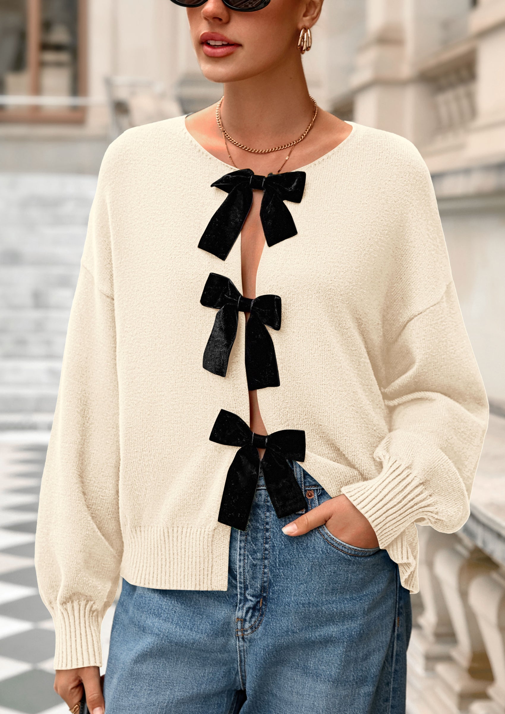 Cardigan Sweaters for Women Fall Bow Tie Front Long Sleeve Knit Sweater Tops Cute Going Out Outfits