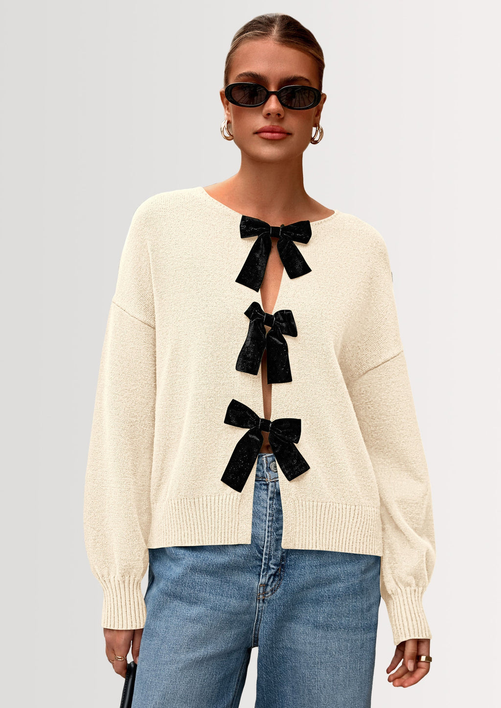 Cardigan Sweaters for Women Fall Bow Tie Front Long Sleeve Knit Sweater Tops Cute Going Out Outfits
