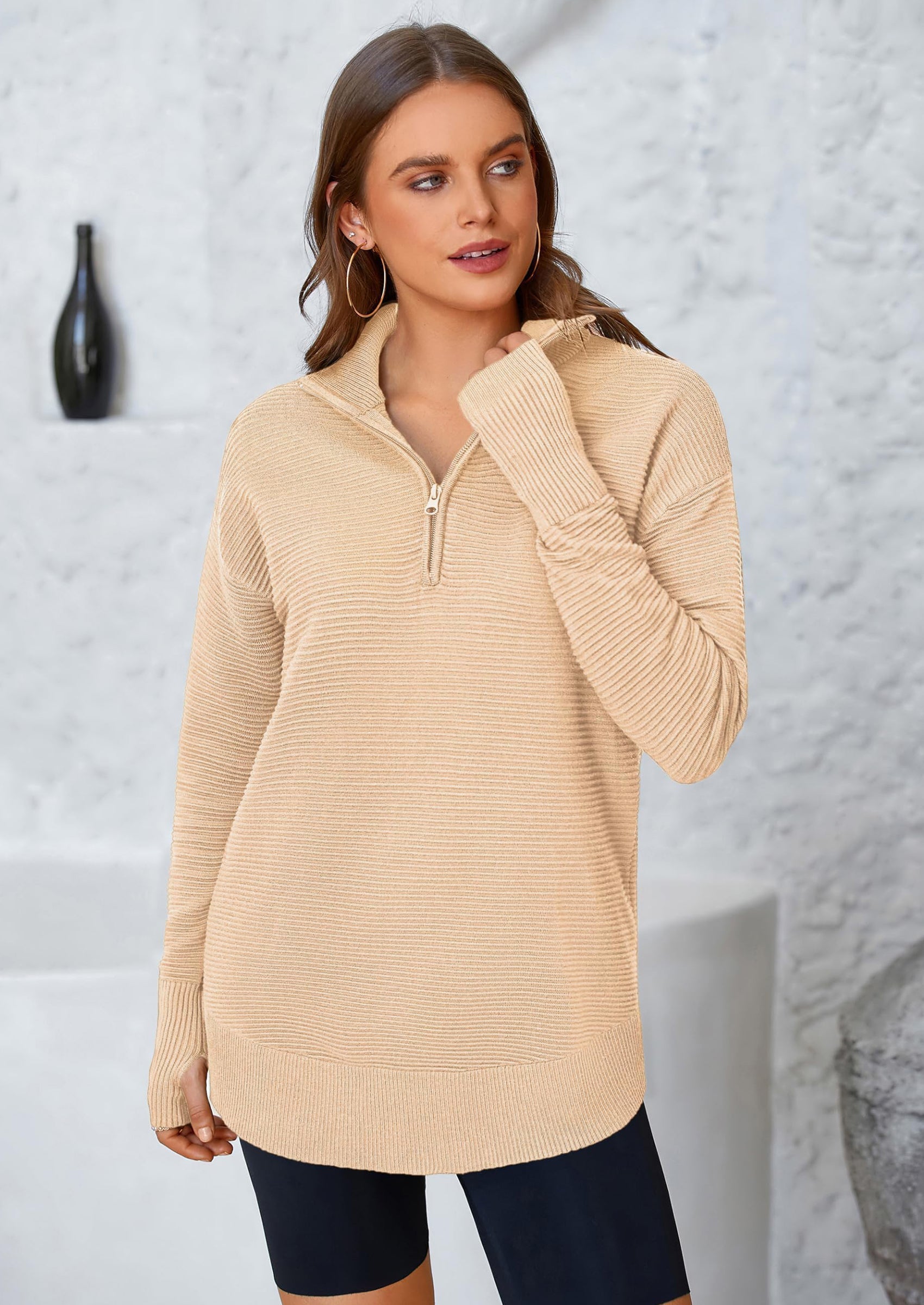 Womens Long Sleeve Quarter Zip Pullover Sweater Casual Loose V Neck Collared Ribbed Knit Jumper Tops Thumb Hole