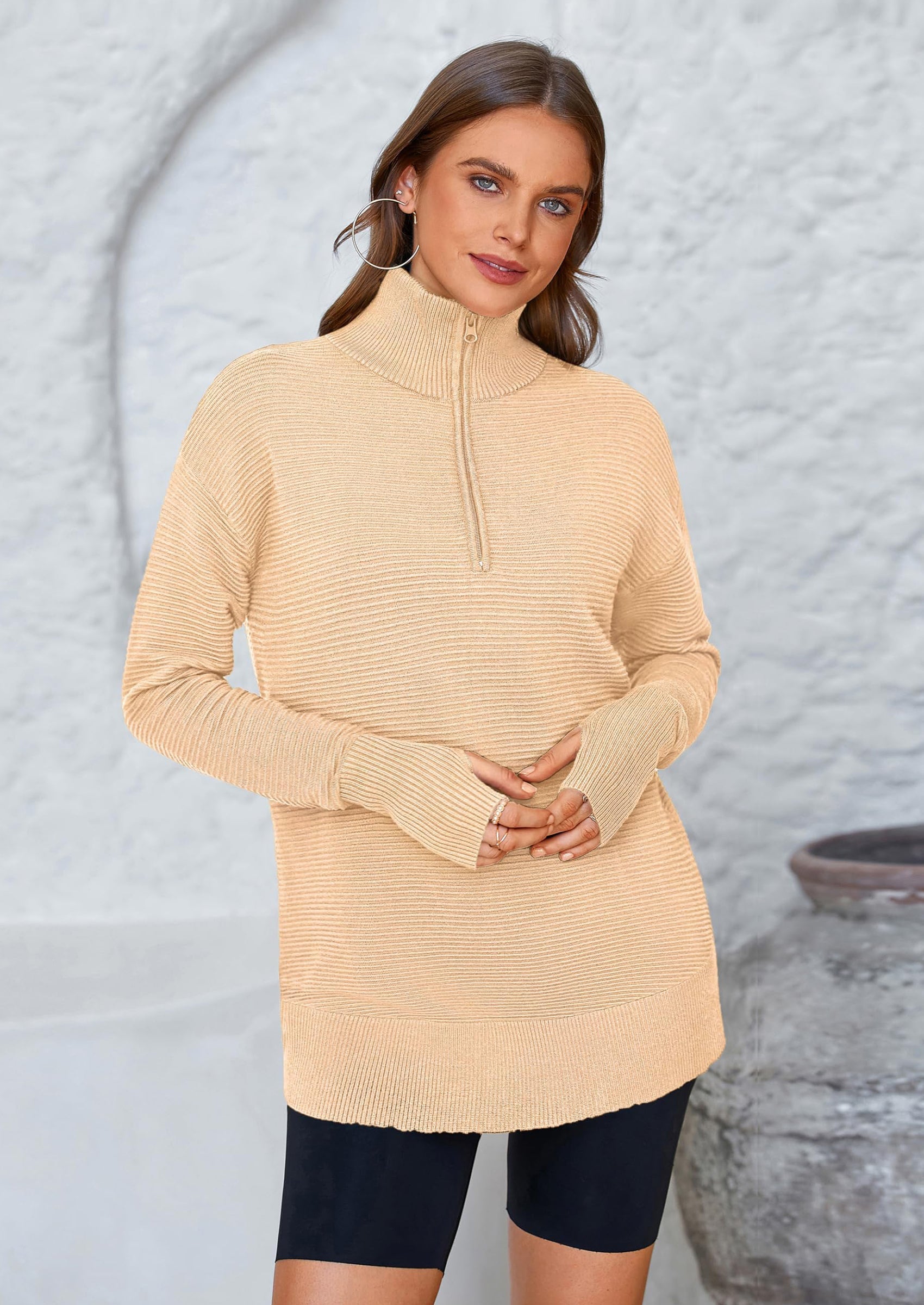Womens Long Sleeve Quarter Zip Pullover Sweater Casual Loose V Neck Collared Ribbed Knit Jumper Tops Thumb Hole