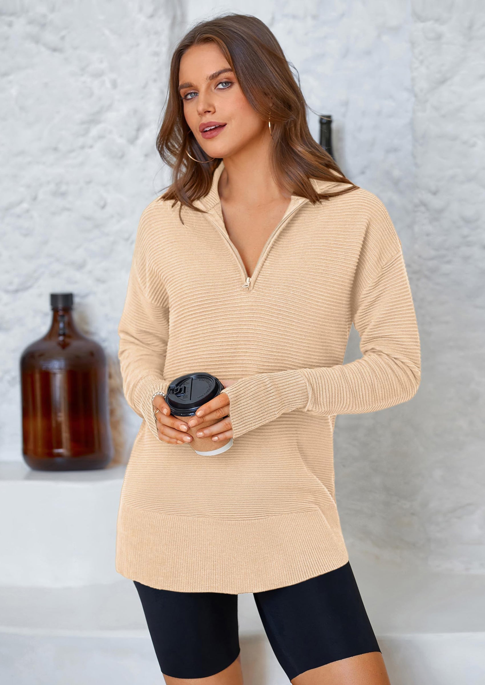 Womens Long Sleeve Quarter Zip Pullover Sweater Casual Loose V Neck Collared Ribbed Knit Jumper Tops Thumb Hole