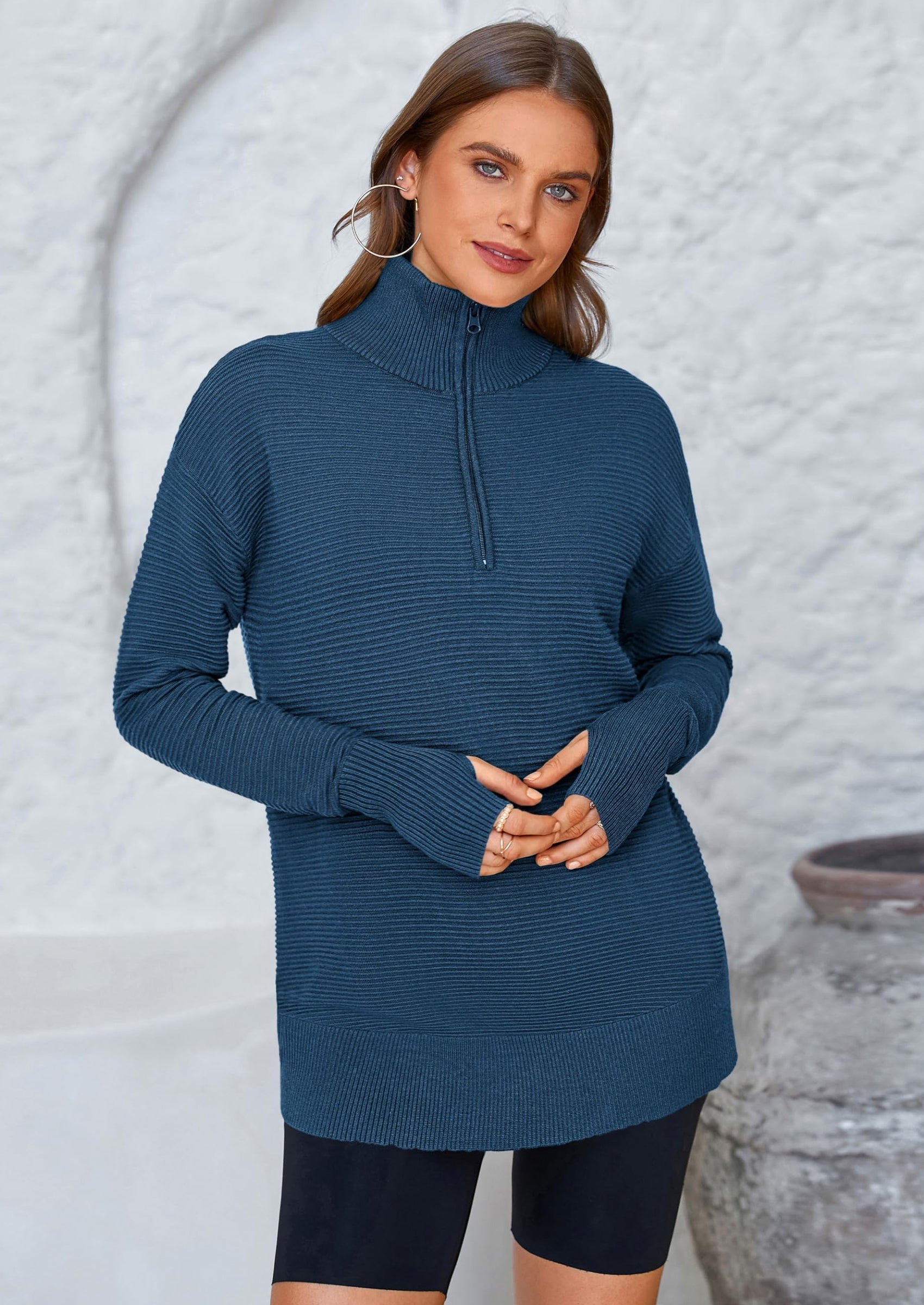 Womens Long Sleeve Quarter Zip Pullover Sweater Casual Loose V Neck Collared Ribbed Knit Jumper Tops Thumb Hole