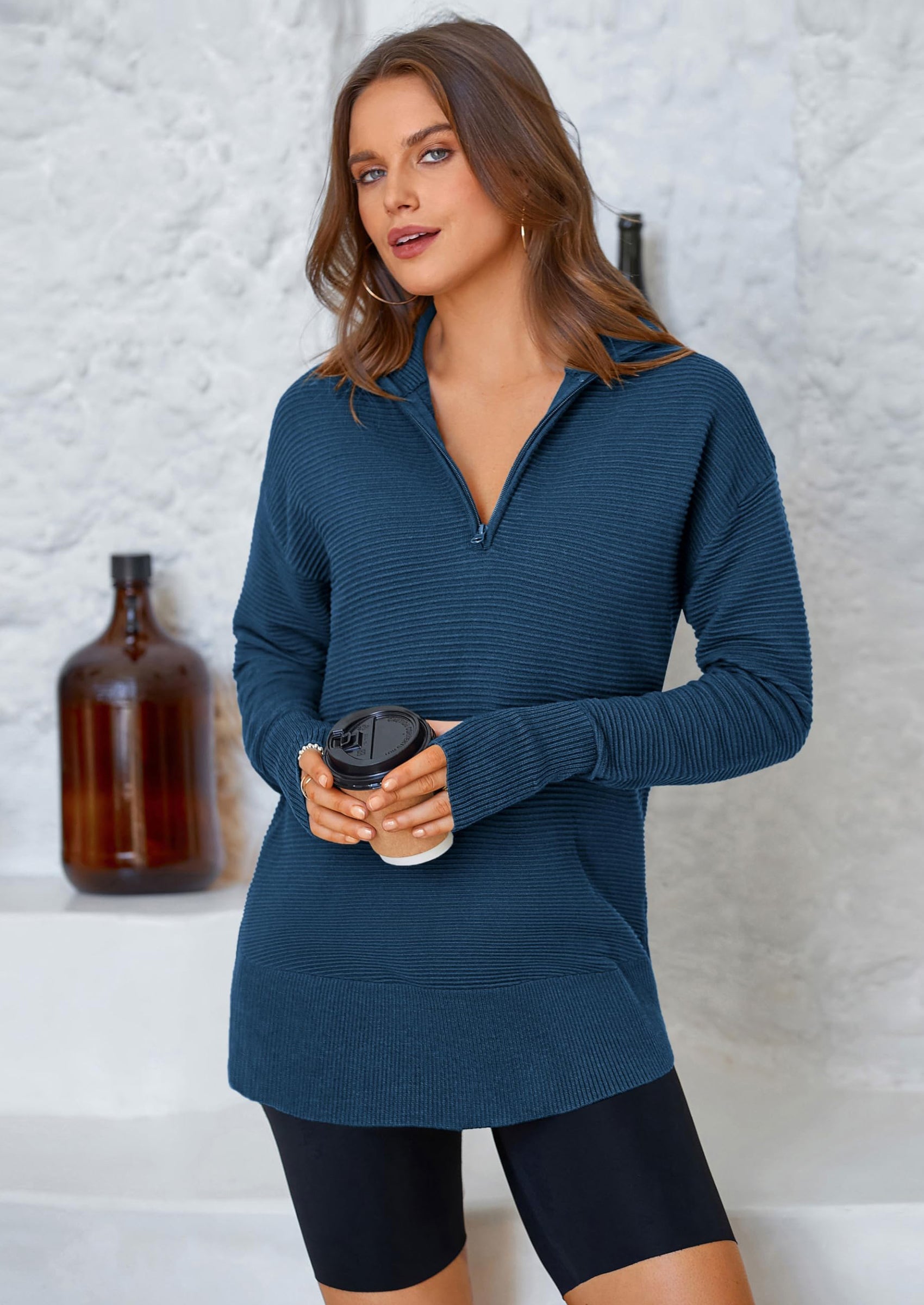 Womens Long Sleeve Quarter Zip Pullover Sweater Casual Loose V Neck Collared Ribbed Knit Jumper Tops Thumb Hole