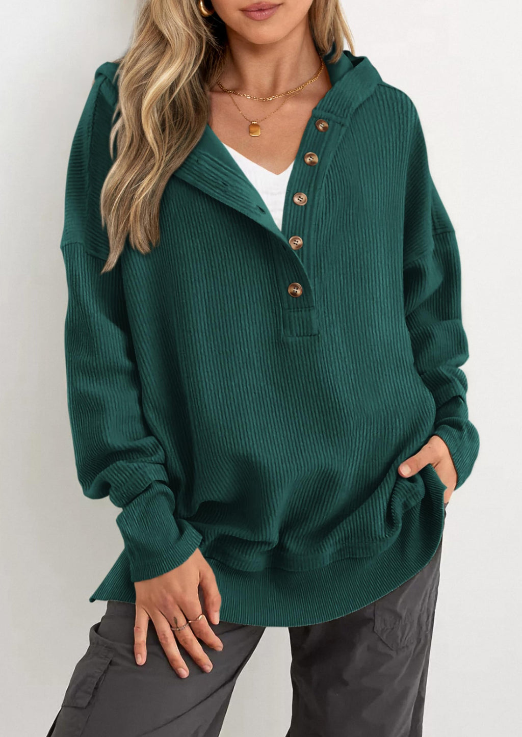 Womens Fashion Oversized Long Sleeve Hoodie Button Down V Neck Sweatshirt Side Slit Casual Pullover Tops