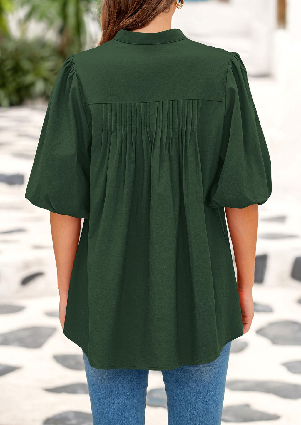 Women's Summer Short Lantern Sleeve Tops Loose Fit Button Down Shirt Casual Pleated V Neck Blouses