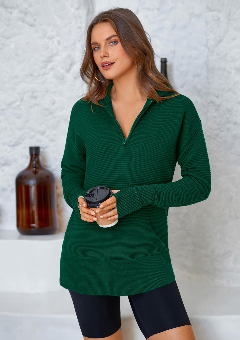 Womens Long Sleeve Quarter Zip Pullover Sweater Casual Loose V Neck Collared Ribbed Knit Jumper Tops Thumb Hole