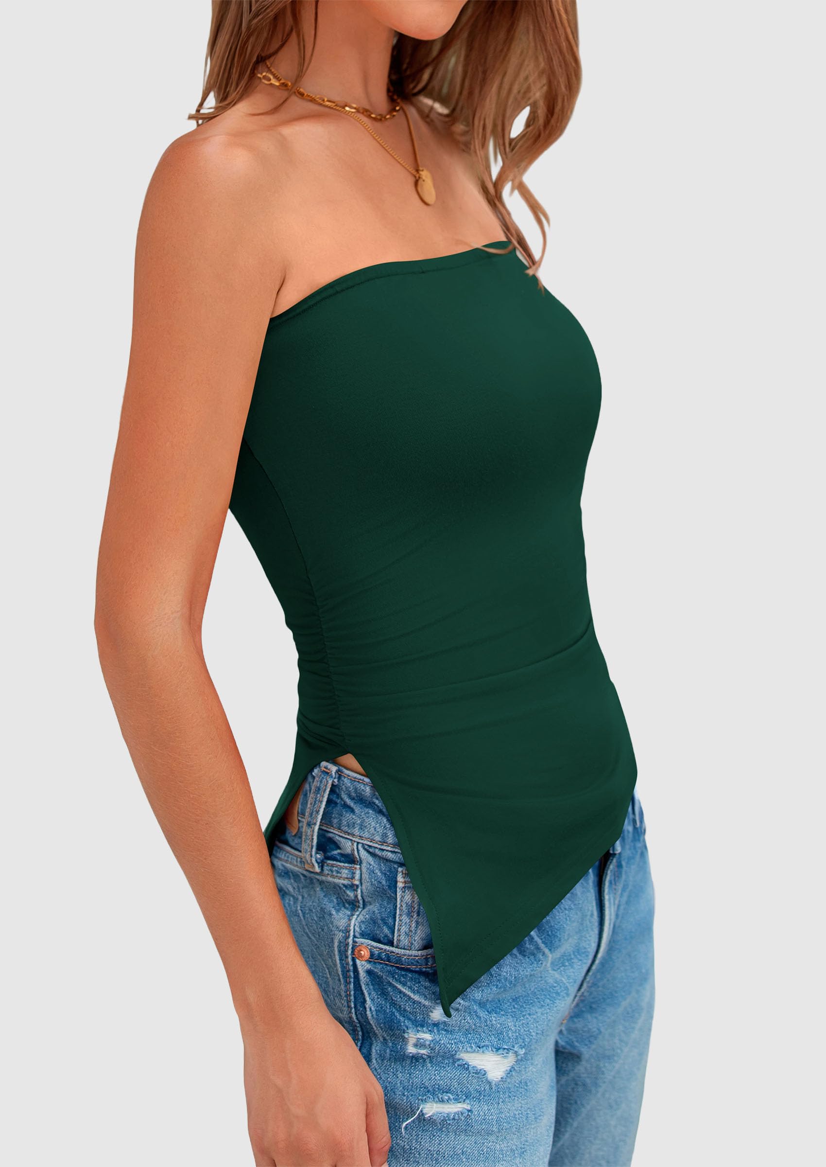 Womens Summer Tube Tops Trendy Strapless Ruched Going Out Tops Outfits Asymmetrical Bandeau Shirts