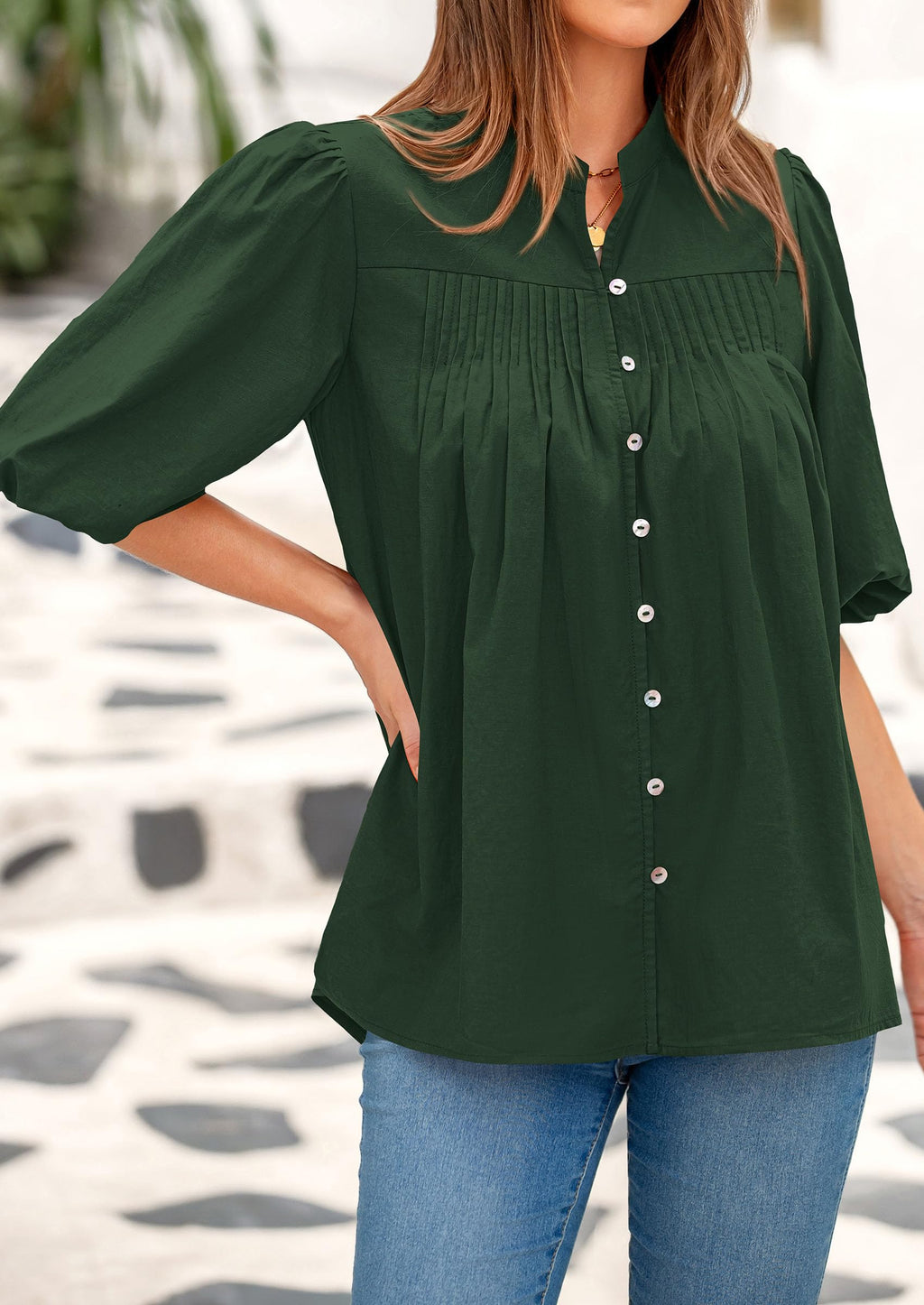 Women's Summer Short Lantern Sleeve Tops Loose Fit Button Down Shirt Casual Pleated V Neck Blouses