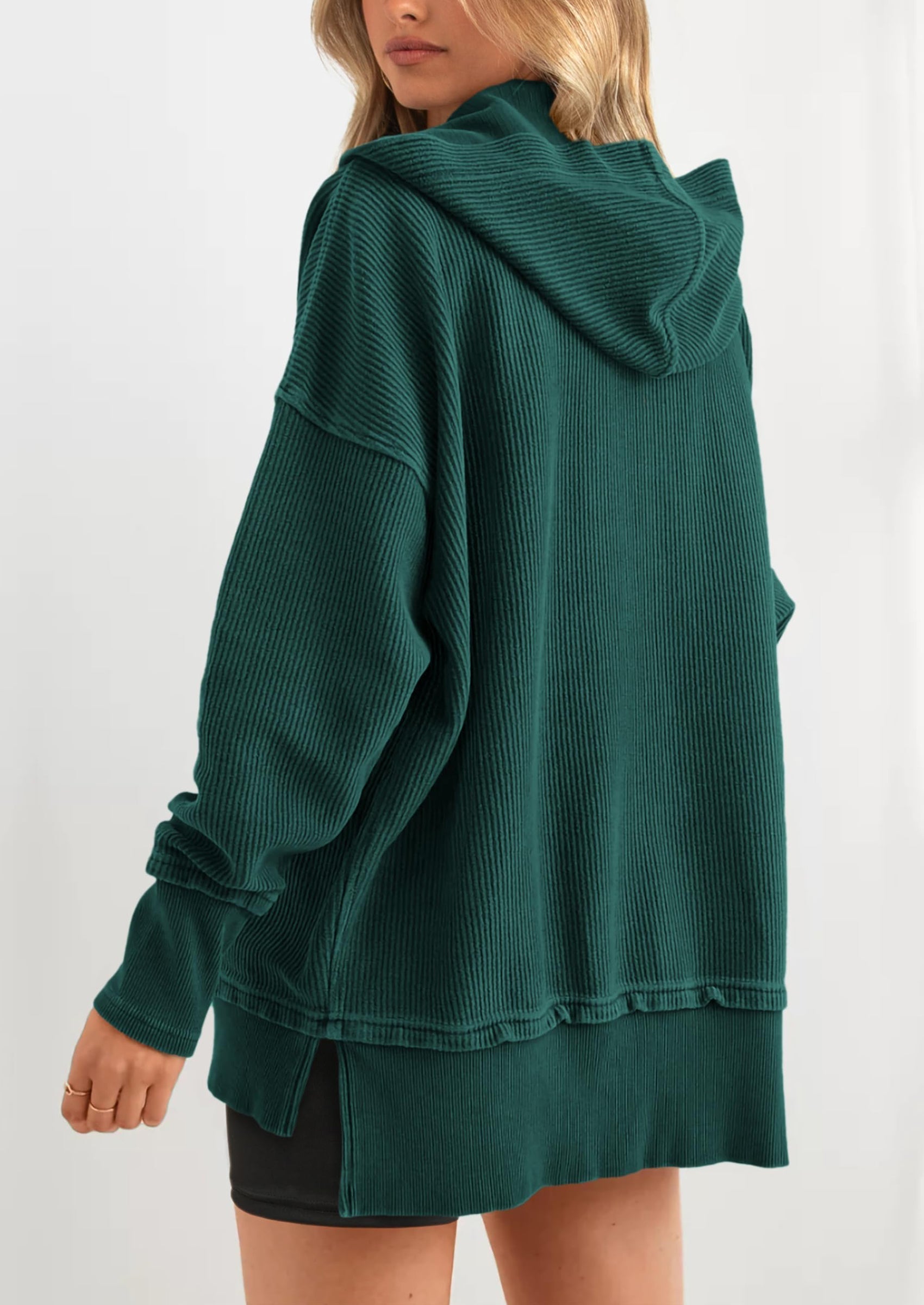 Womens Fashion Oversized Long Sleeve Hoodie Button Down V Neck Sweatshirt Side Slit Casual Pullover Tops