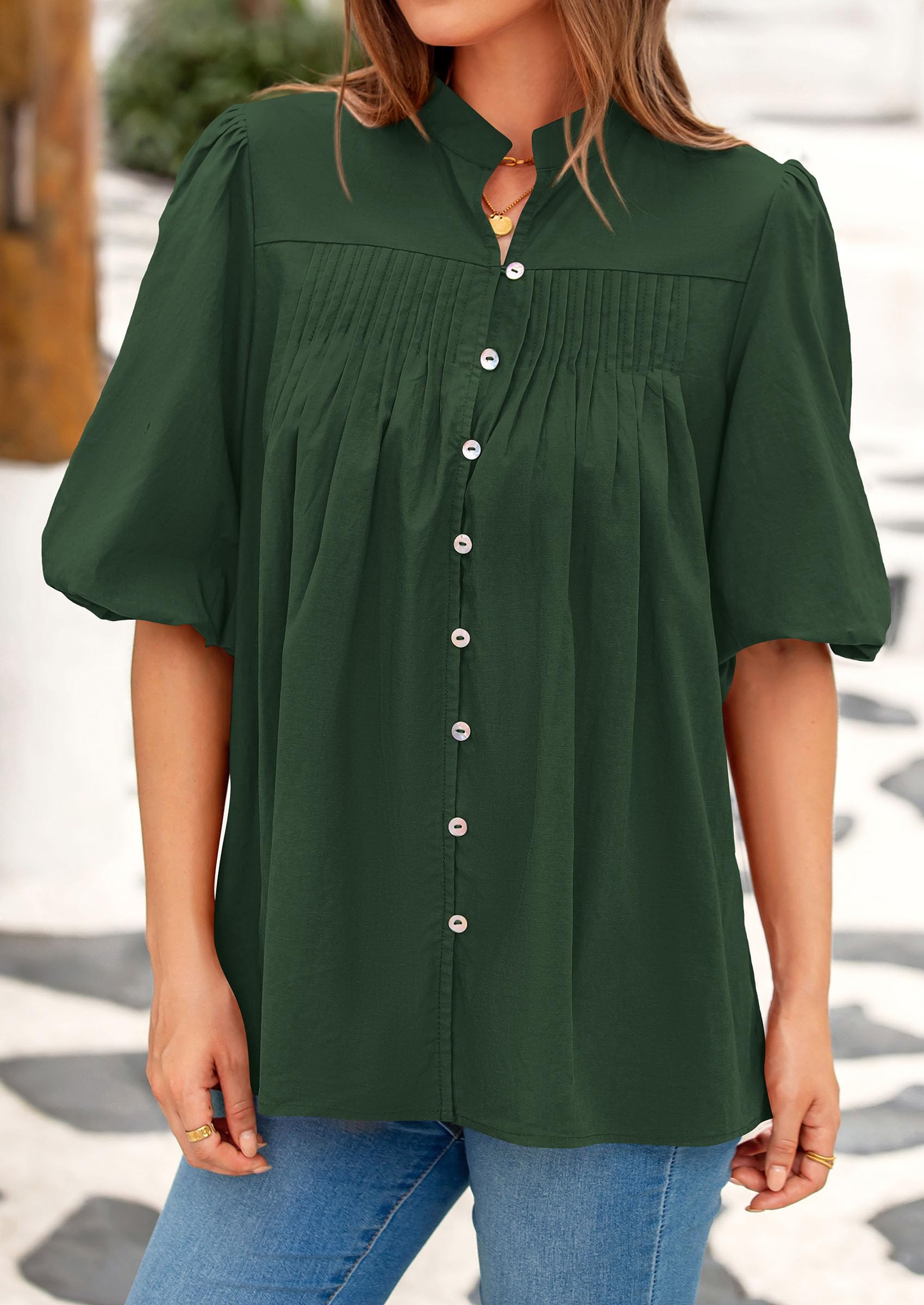 Women's Summer Short Lantern Sleeve Tops Loose Fit Button Down Shirt Casual Pleated V Neck Blouses