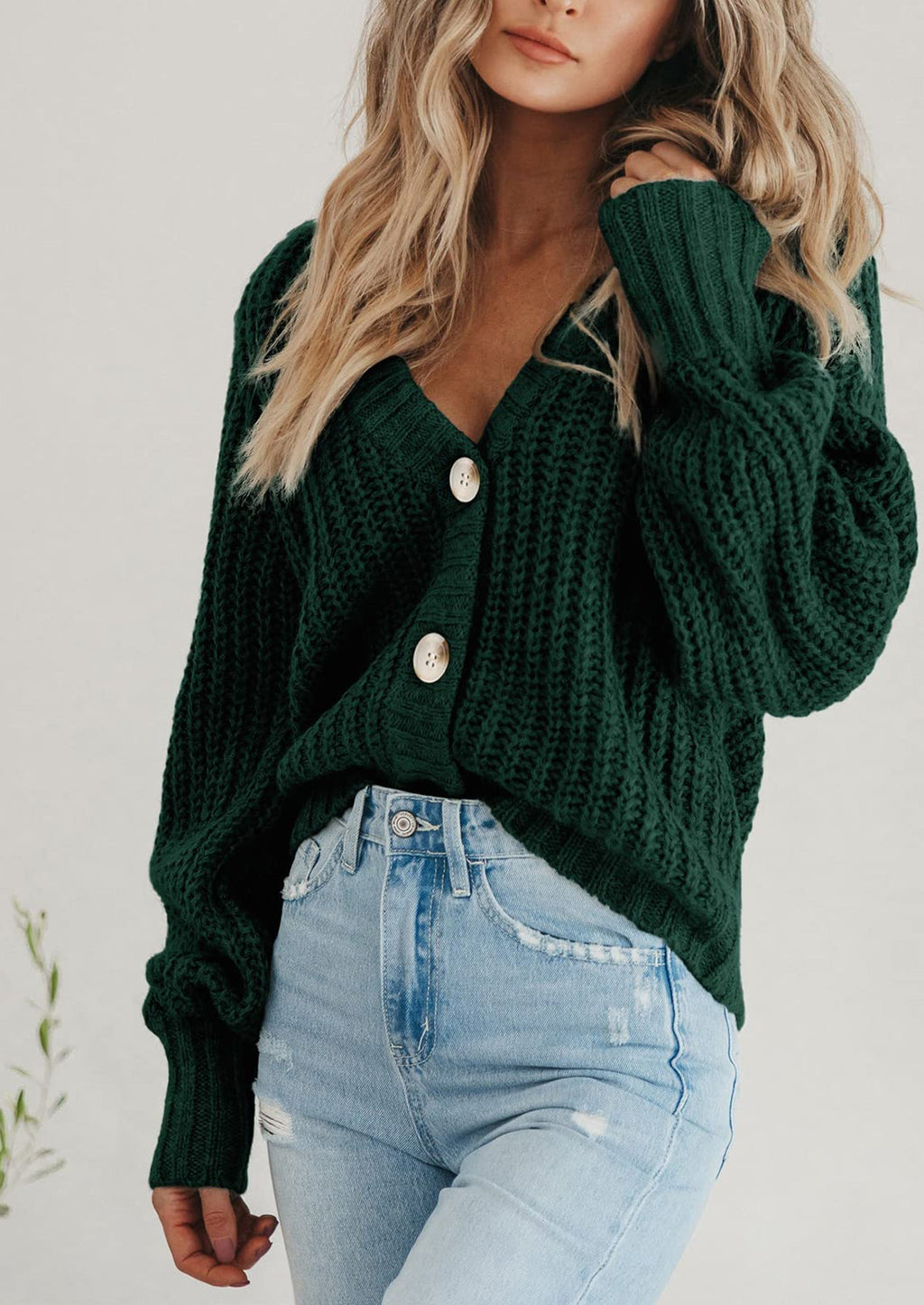 Women's Chunky Knit Open Front Sweater Long Sleeve Button Loose Short Cardigan Outerwear Coats