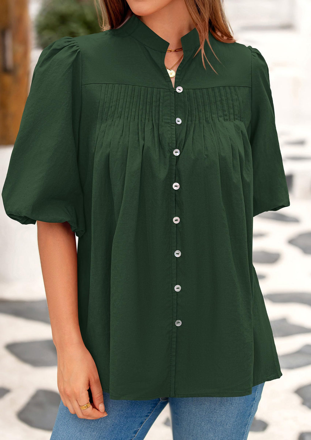 Women's Summer Short Lantern Sleeve Tops Loose Fit Button Down Shirt Casual Pleated V Neck Blouses