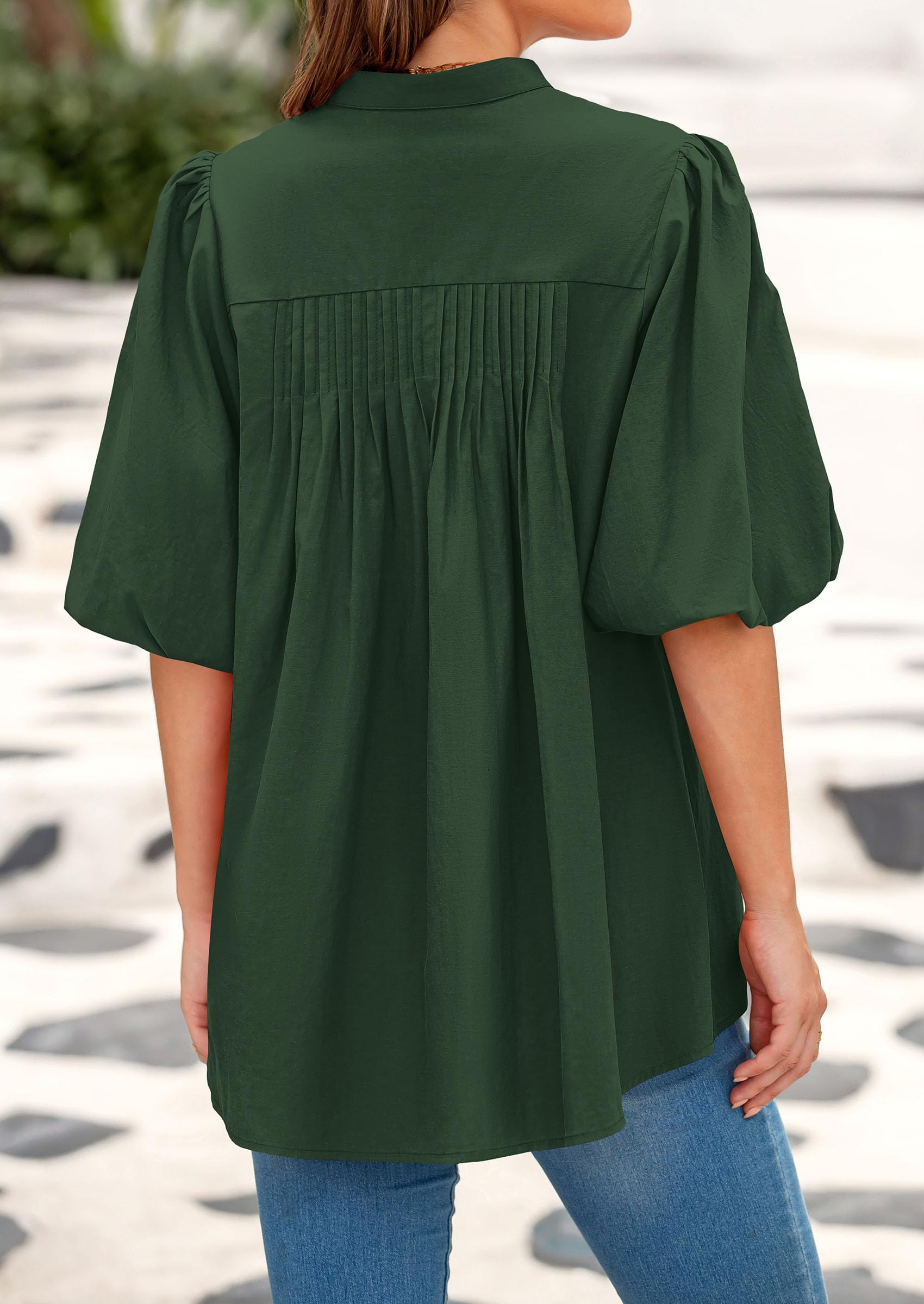 Women's Summer Short Lantern Sleeve Tops Loose Fit Button Down Shirt Casual Pleated V Neck Blouses