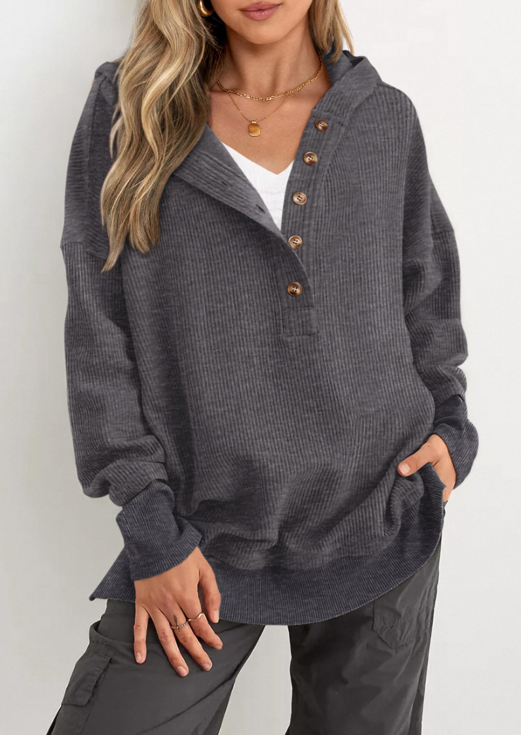 Womens Fashion Oversized Long Sleeve Hoodie Button Down V Neck Sweatshirt Side Slit Casual Pullover Tops