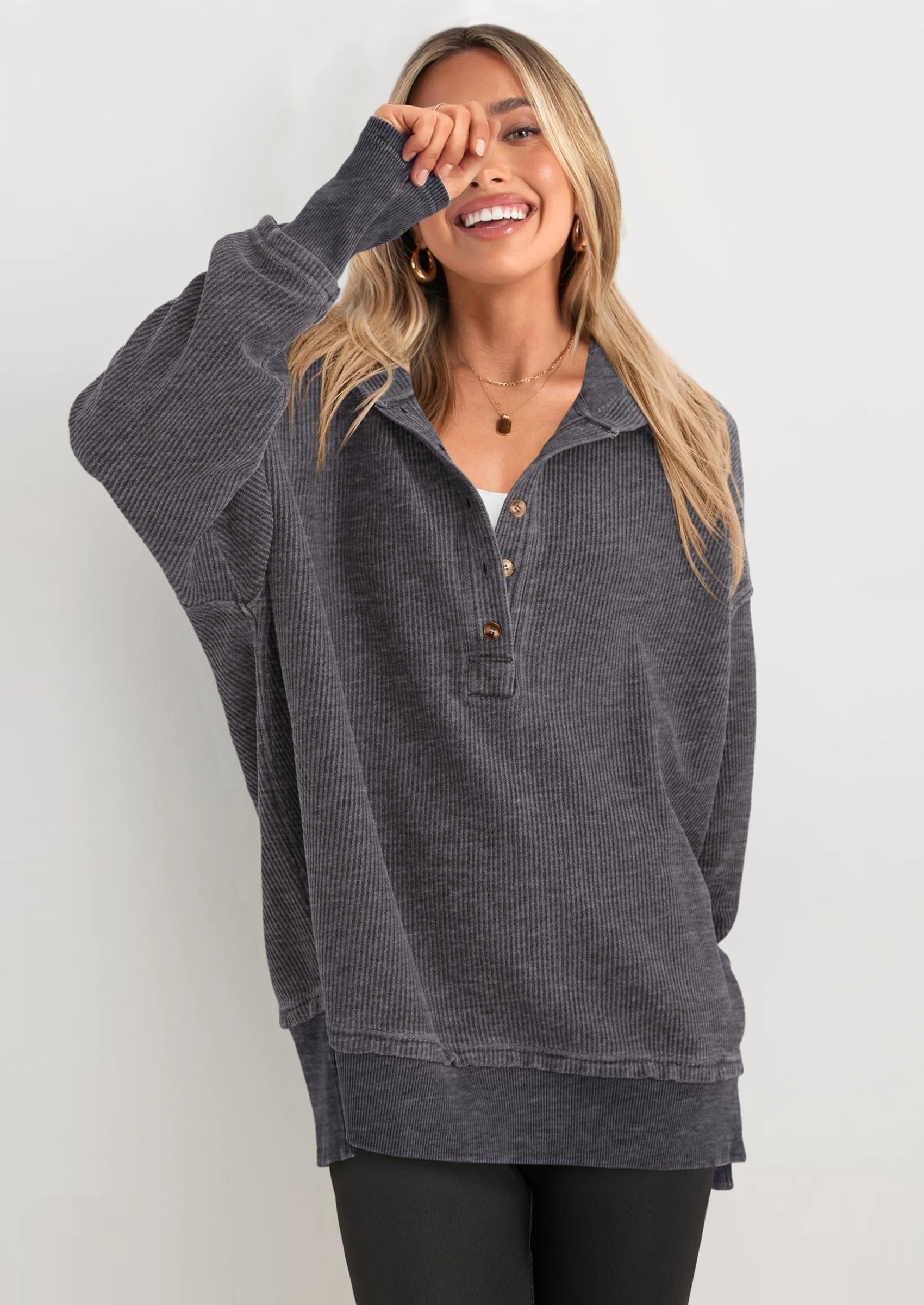 Womens Fashion Oversized Long Sleeve Hoodie Button Down V Neck Sweatshirt Side Slit Casual Pullover Tops