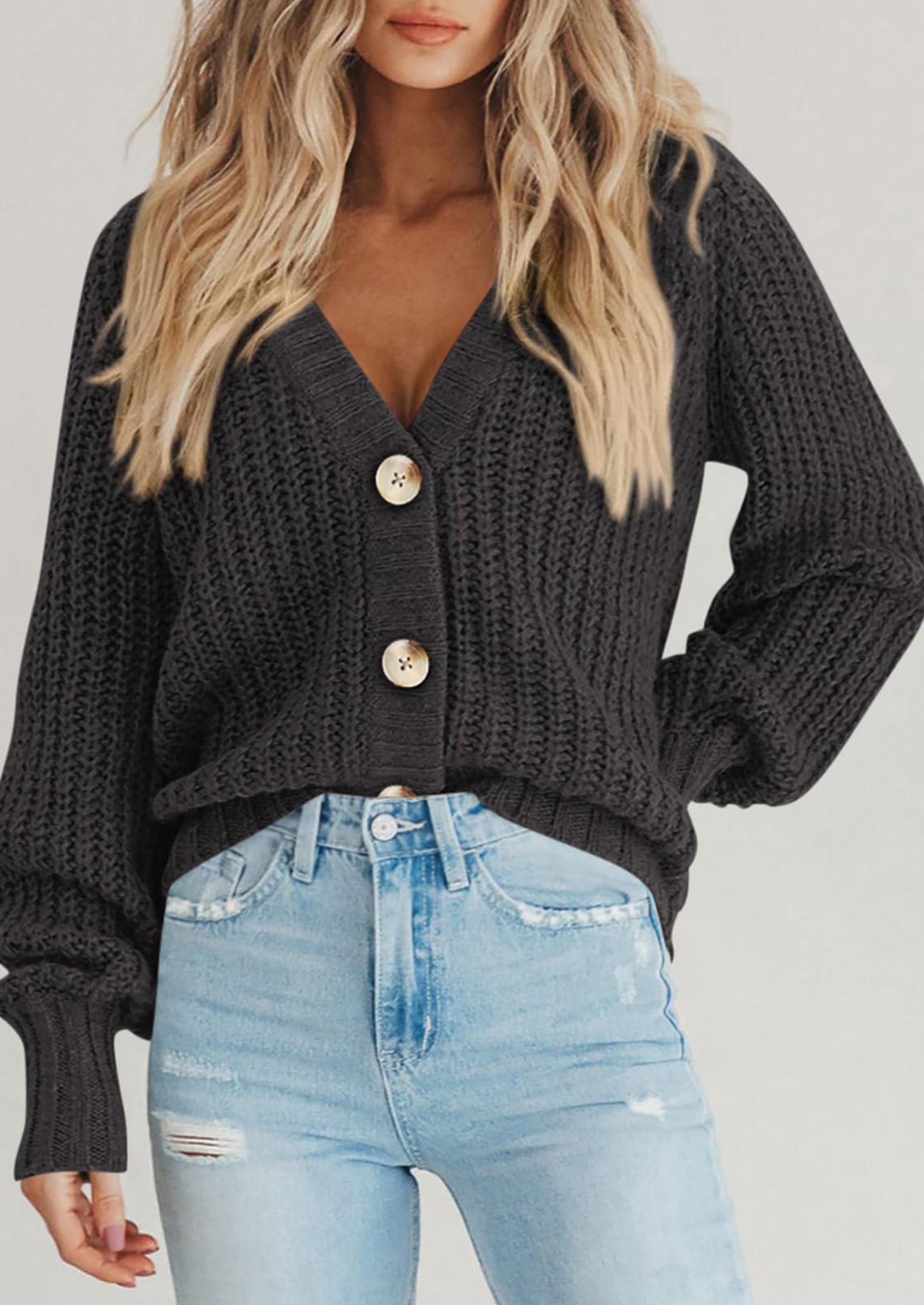 Women's Chunky Knit Open Front Sweater Long Sleeve Button Loose Short Cardigan Outerwear Coats