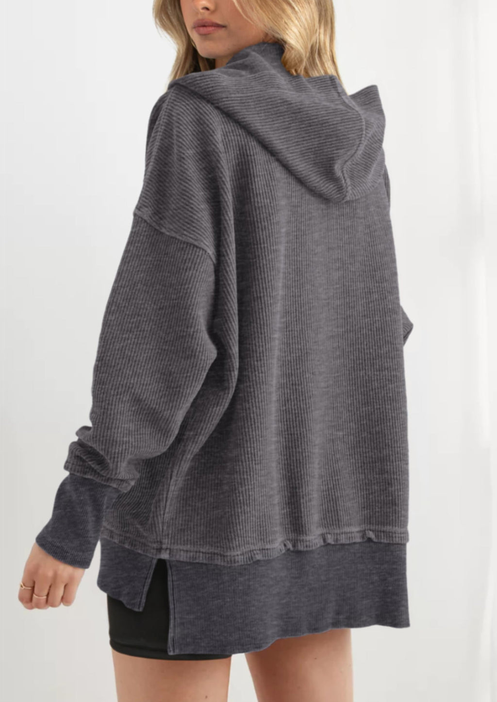 Womens Fashion Oversized Long Sleeve Hoodie Button Down V Neck Sweatshirt Side Slit Casual Pullover Tops