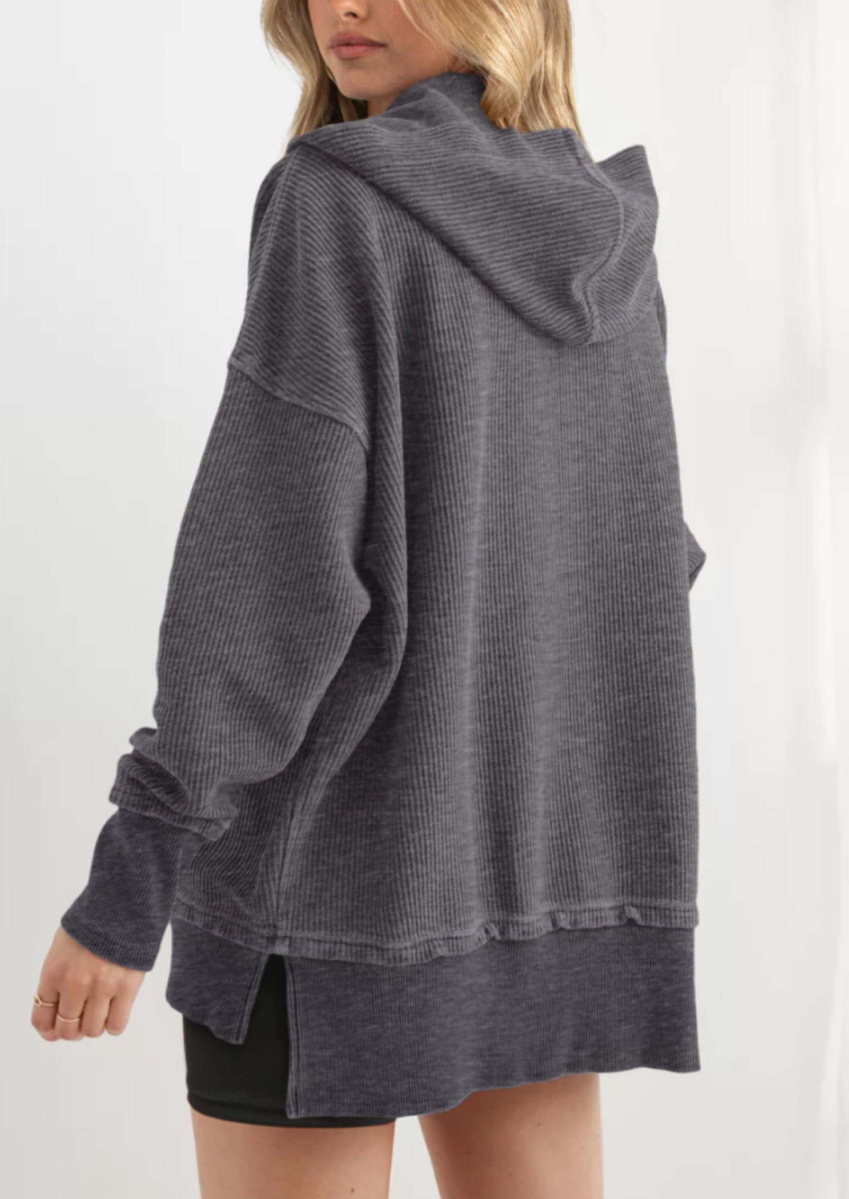 Womens Fashion Oversized Long Sleeve Hoodie Button Down V Neck Sweatshirt Side Slit Casual Pullover Tops