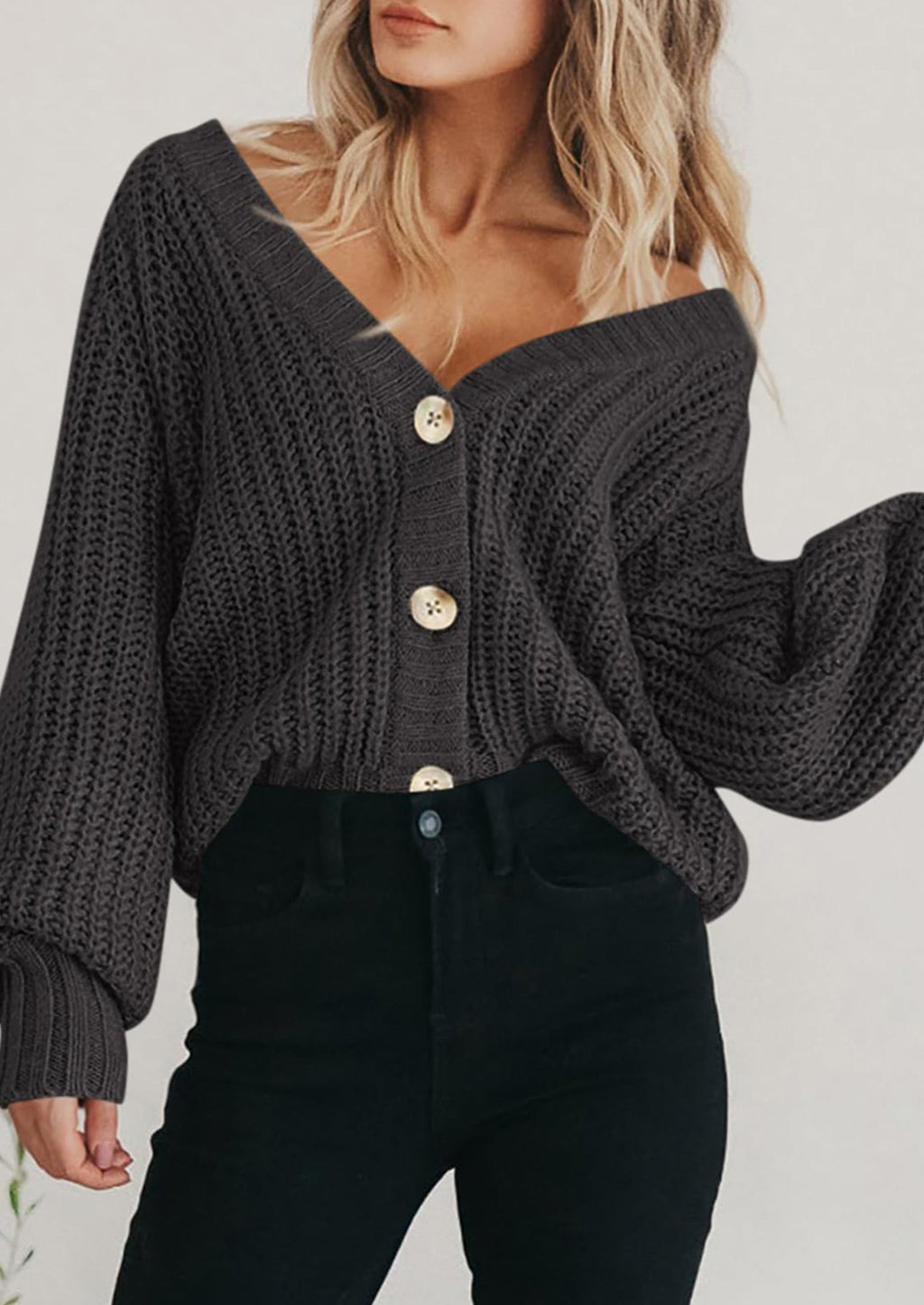 Women's Chunky Knit Open Front Sweater Long Sleeve Button Loose Short Cardigan Outerwear Coats