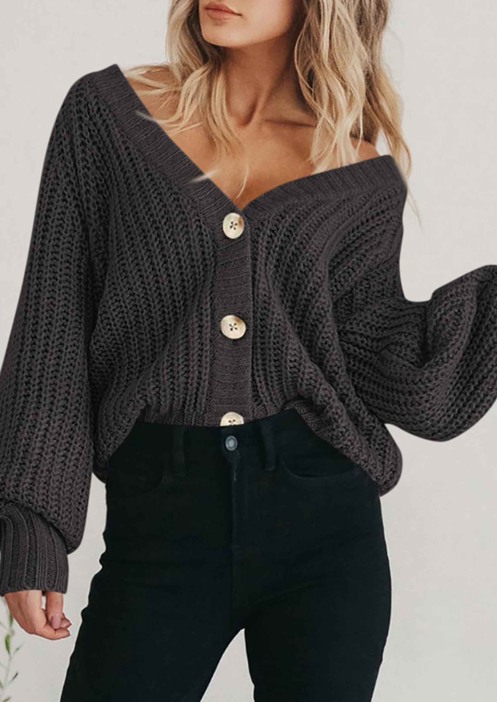 Women's Chunky Knit Open Front Sweater Long Sleeve Button Loose Short Cardigan Outerwear Coats