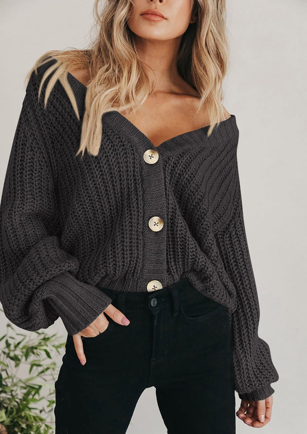 Women's Chunky Knit Open Front Sweater Long Sleeve Button Loose Short Cardigan Outerwear Coats