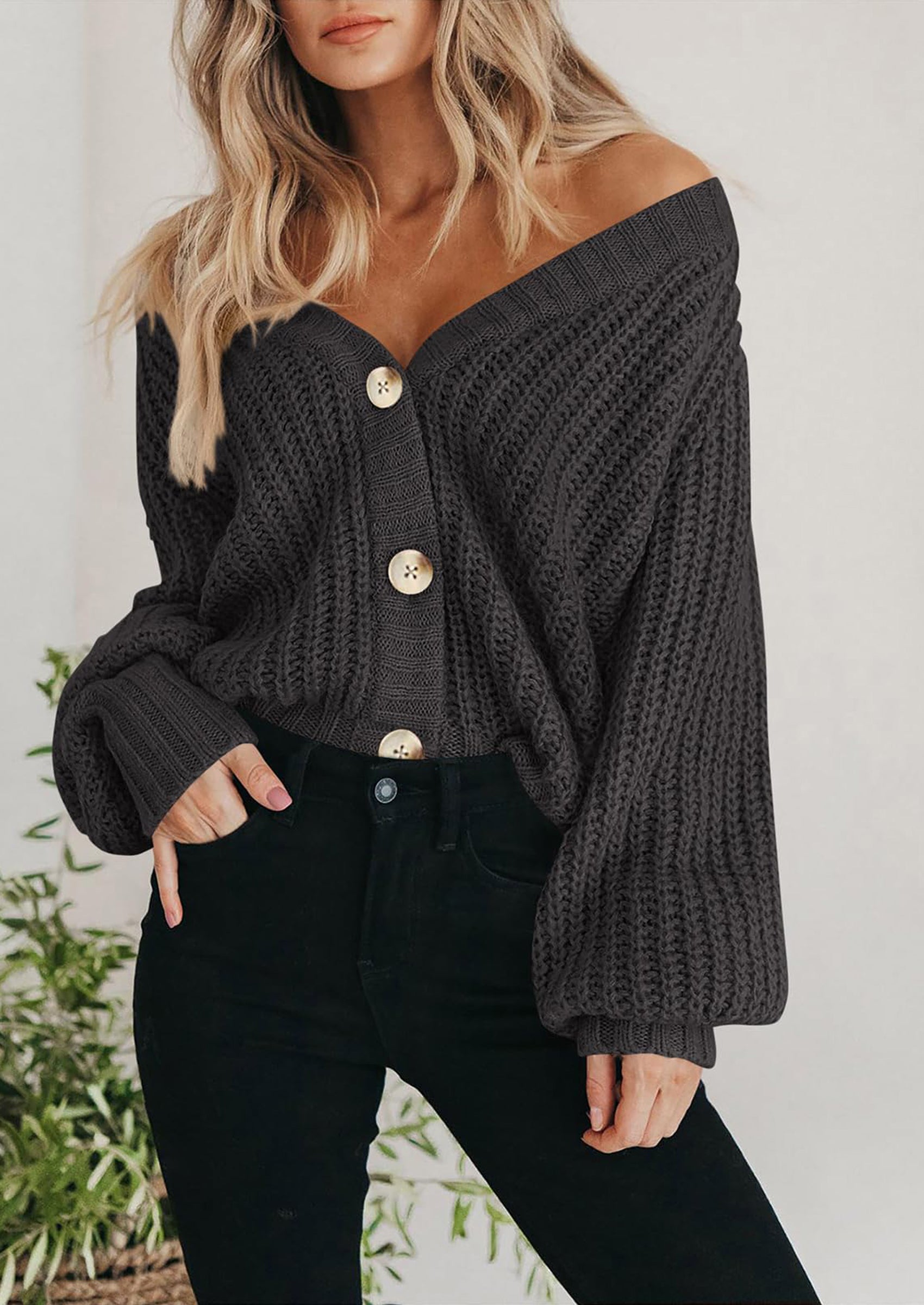 Women's Chunky Knit Open Front Sweater Long Sleeve Button Loose Short Cardigan Outerwear Coats