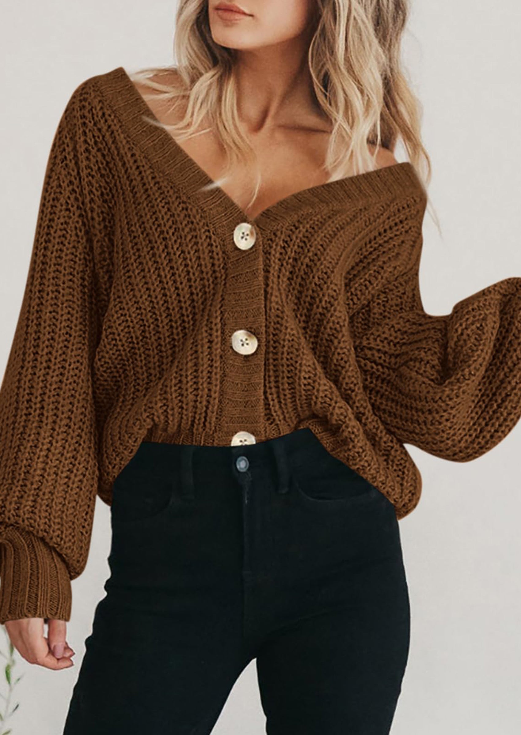 Women's Chunky Knit Open Front Sweater Long Sleeve Button Loose Short Cardigan Outerwear Coats