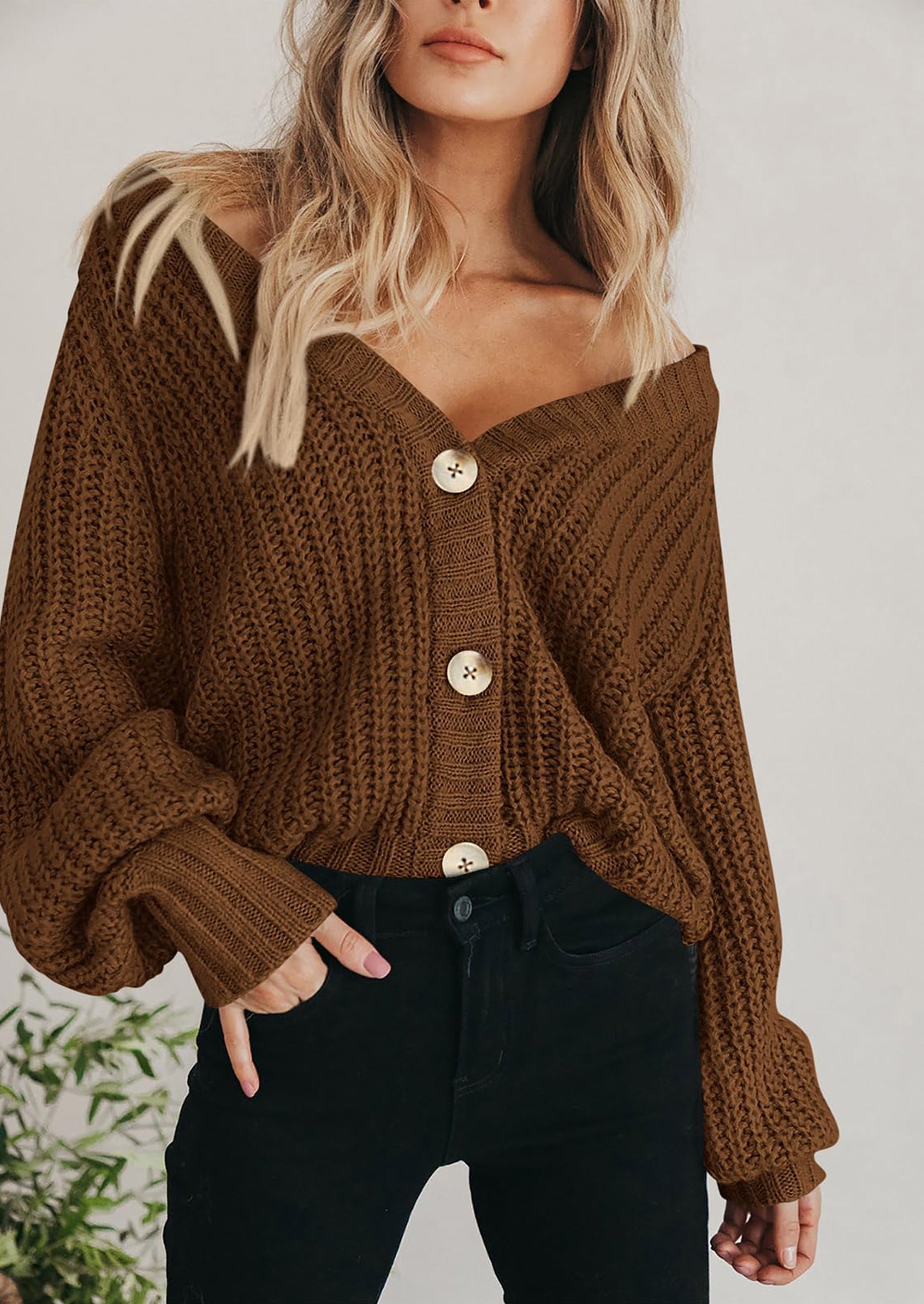 Women's Chunky Knit Open Front Sweater Long Sleeve Button Loose Short Cardigan Outerwear Coats