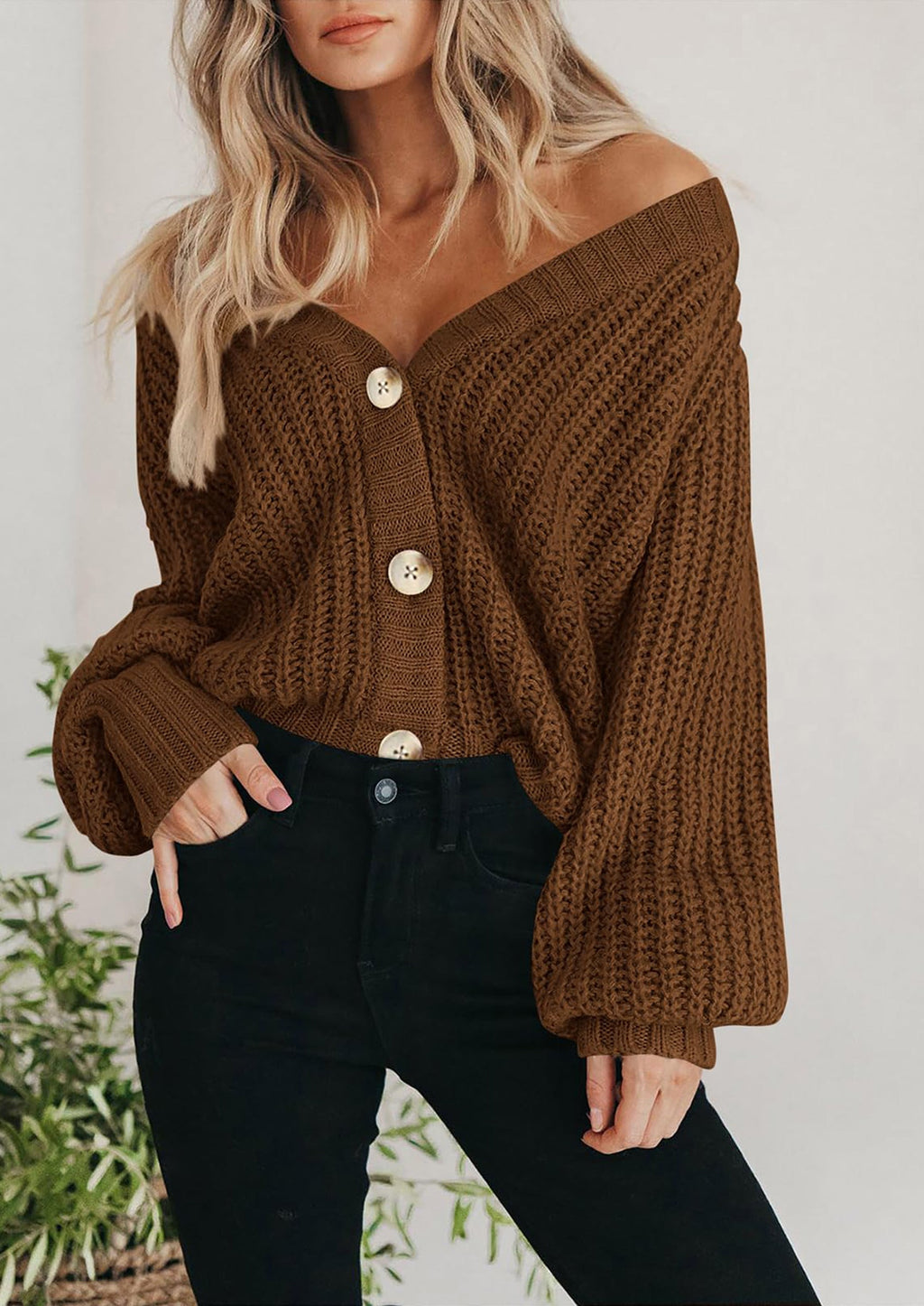 Women's Chunky Knit Open Front Sweater Long Sleeve Button Loose Short Cardigan Outerwear Coats