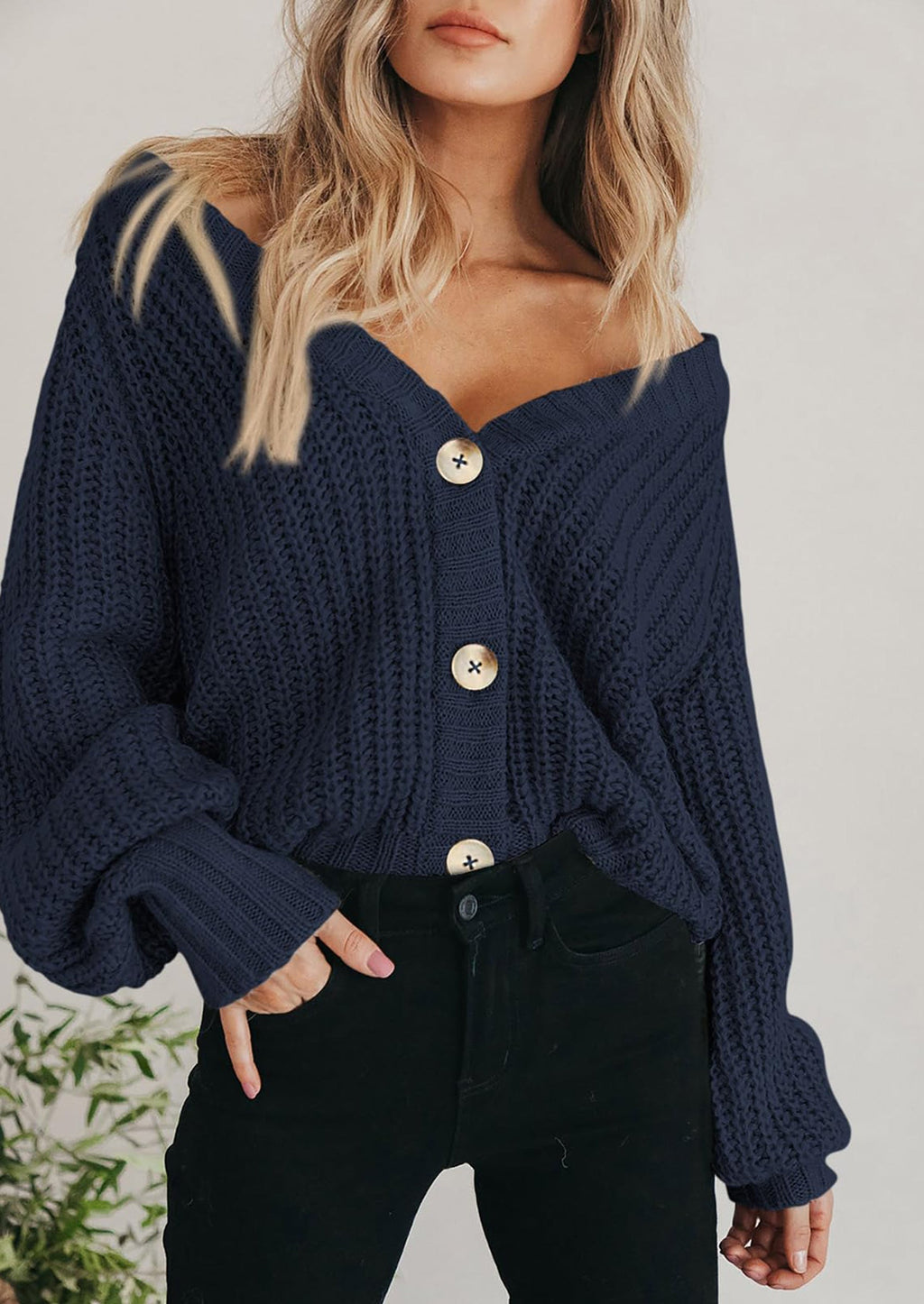 Women's Chunky Knit Open Front Sweater Long Sleeve Button Loose Short Cardigan Outerwear Coats