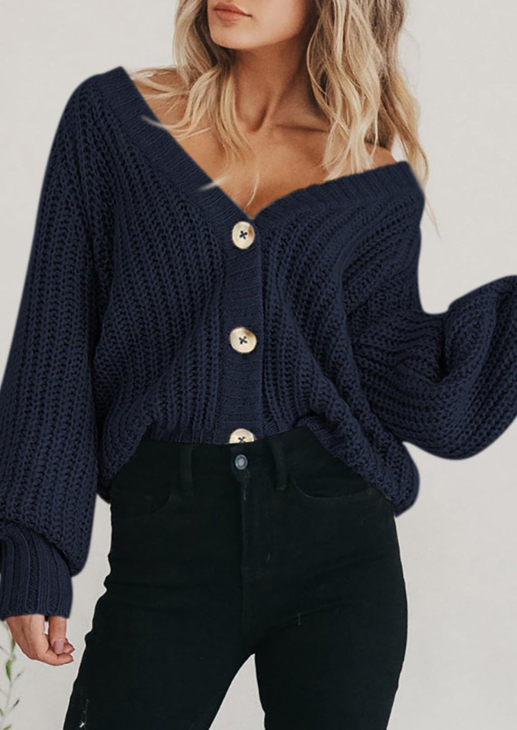 Women's Chunky Knit Open Front Sweater Long Sleeve Button Loose Short Cardigan Outerwear Coats