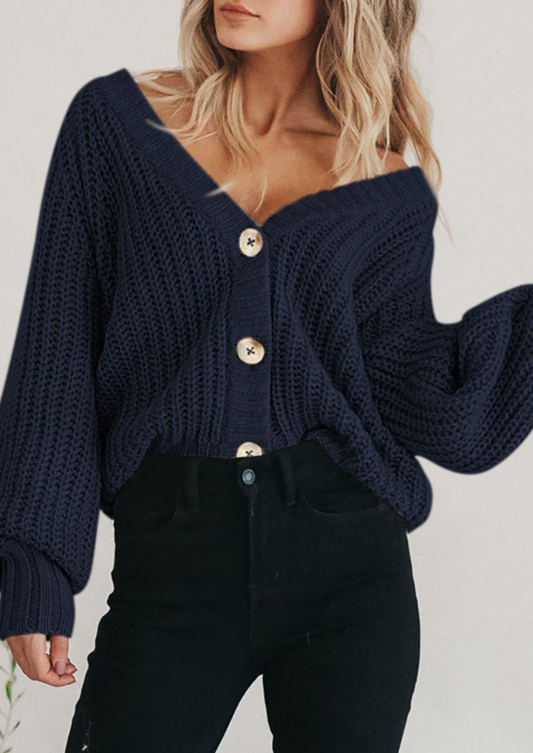 Women's Chunky Knit Open Front Sweater Long Sleeve Button Loose Short Cardigan Outerwear Coats