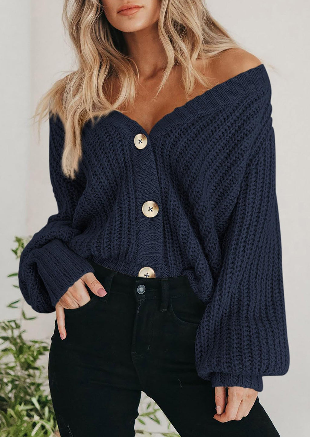 Women's Chunky Knit Open Front Sweater Long Sleeve Button Loose Short Cardigan Outerwear Coats