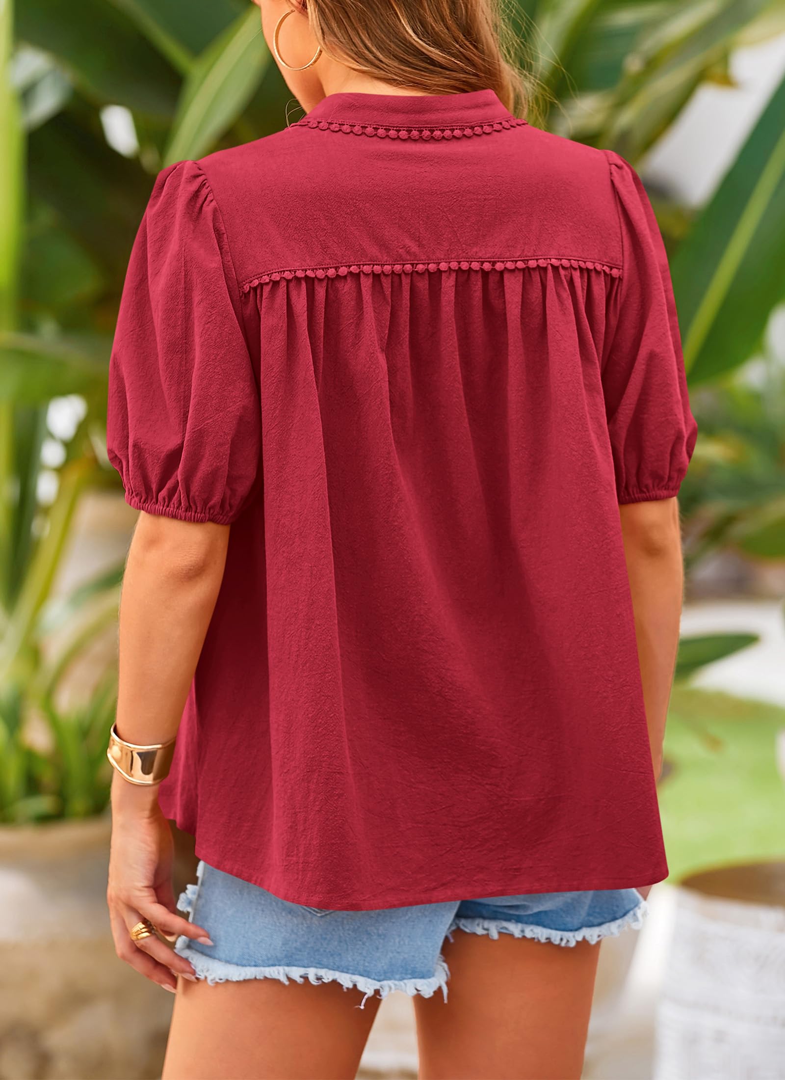 Women's Summer Tops Button Down Shirts Short Lantern Sleeve V Neck Cotton Cute Dressy Casual Blouses