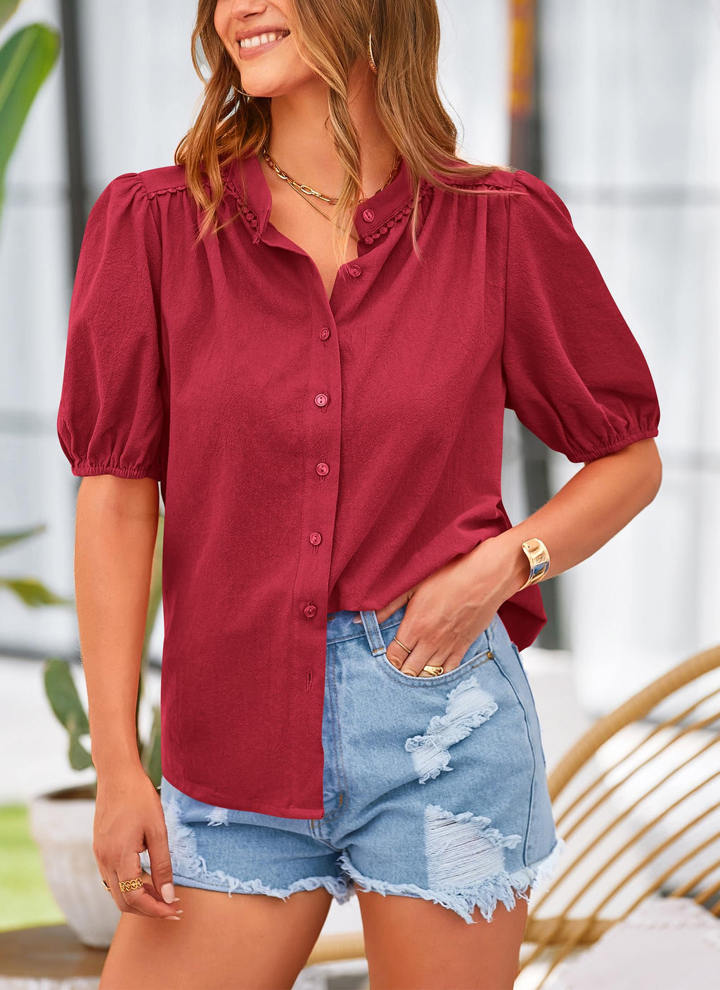 Women's Summer Tops Button Down Shirts Short Lantern Sleeve V Neck Cotton Cute Dressy Casual Blouses