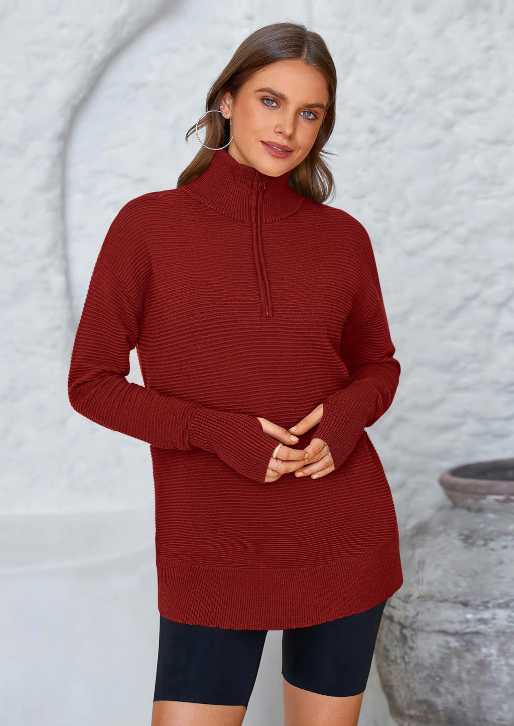 Womens Long Sleeve Quarter Zip Pullover Sweater Casual Loose V Neck Collared Ribbed Knit Jumper Tops Thumb Hole