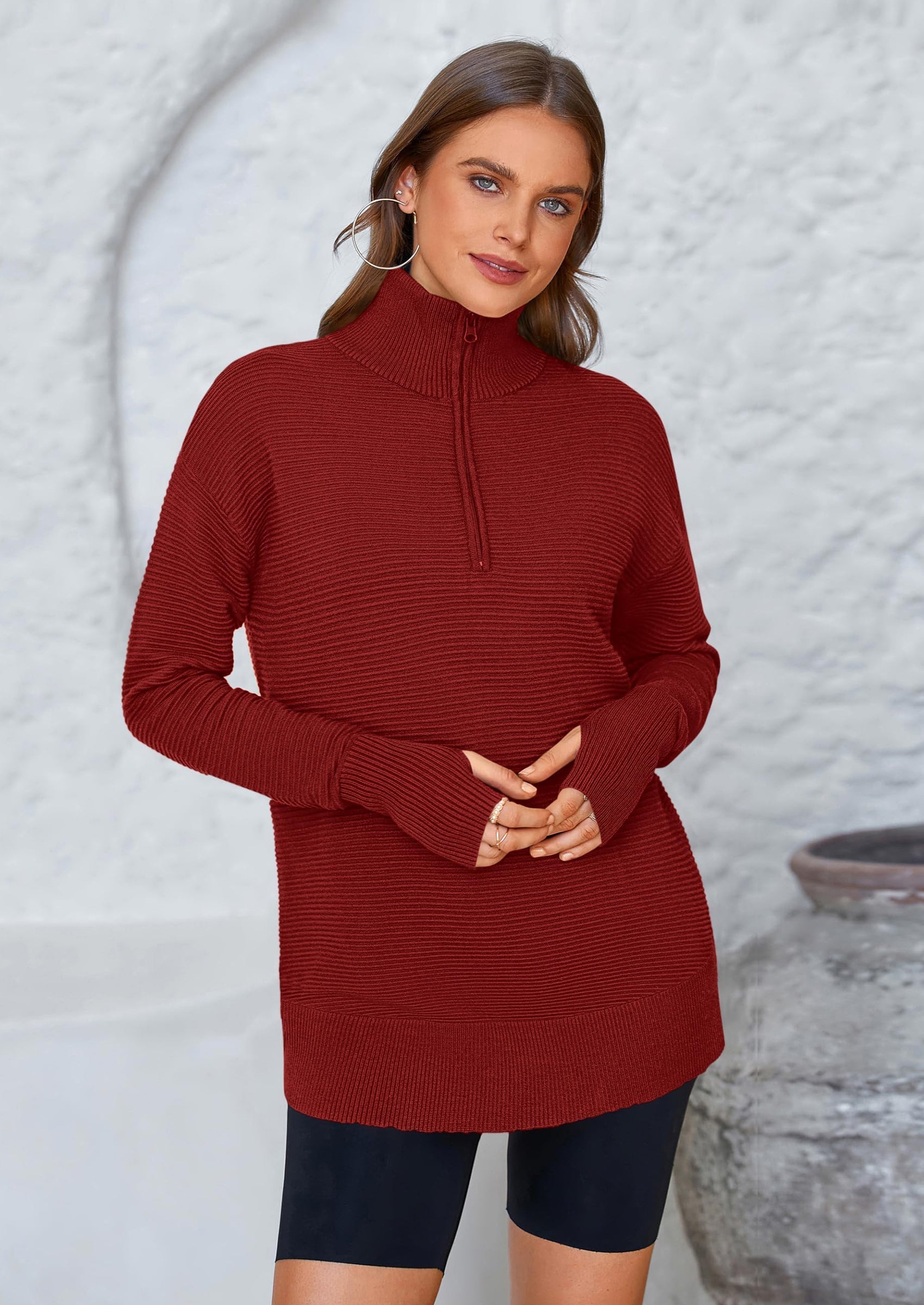 Womens Long Sleeve Quarter Zip Pullover Sweater Casual Loose V Neck Collared Ribbed Knit Jumper Tops Thumb Hole