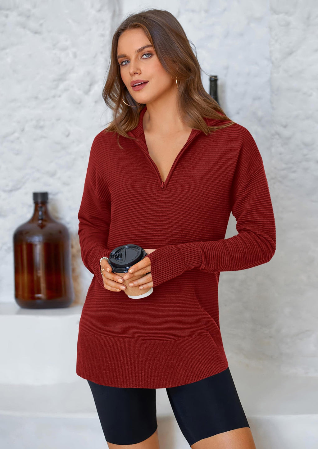 Womens Long Sleeve Quarter Zip Pullover Sweater Casual Loose V Neck Collared Ribbed Knit Jumper Tops Thumb Hole