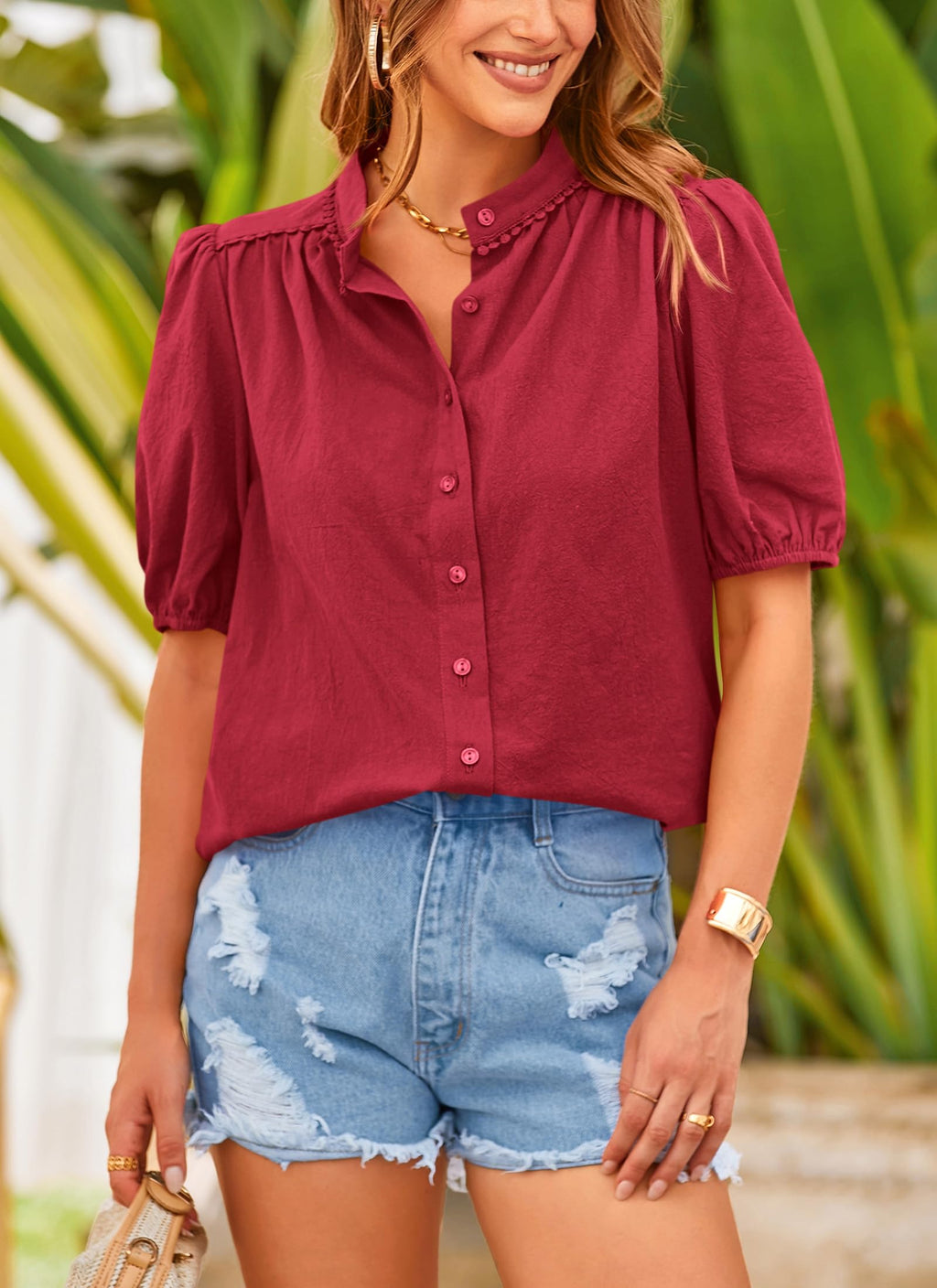 Women's Summer Tops Button Down Shirts Short Lantern Sleeve V Neck Cotton Cute Dressy Casual Blouses