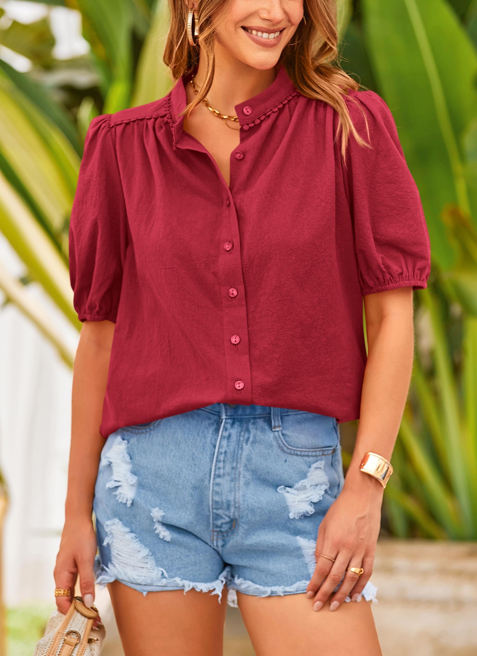 Women's Summer Tops Button Down Shirts Short Lantern Sleeve V Neck Cotton Cute Dressy Casual Blouses