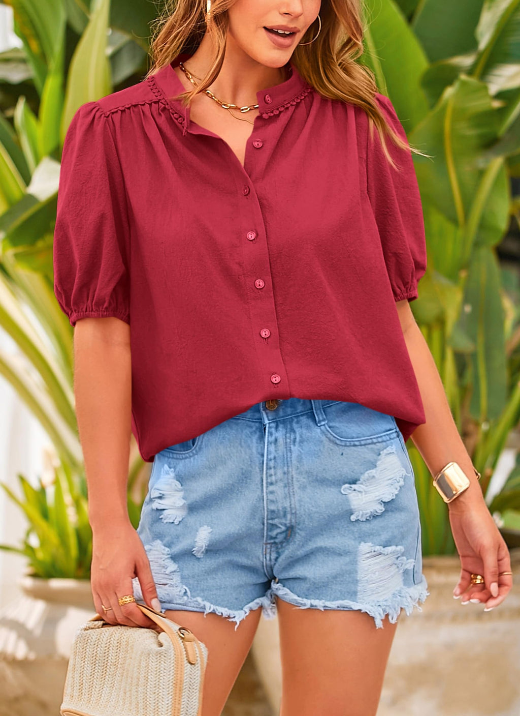 Women's Summer Tops Button Down Shirts Short Lantern Sleeve V Neck Cotton Cute Dressy Casual Blouses