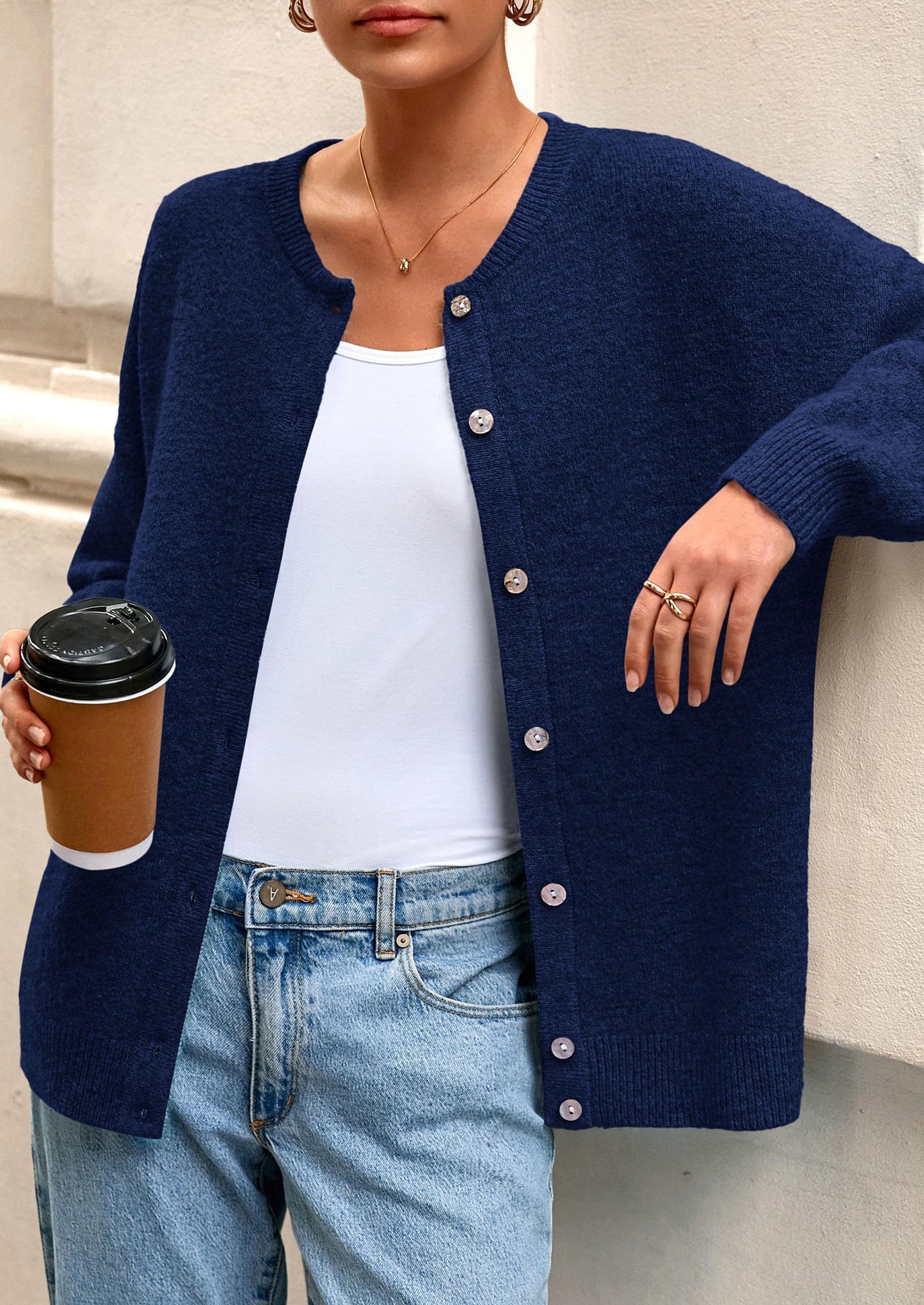 Fall Long Sleeve Cardigans for Women Trendy Open Front Winter Button Down Crewneck Soft Knit Sweater Jacket