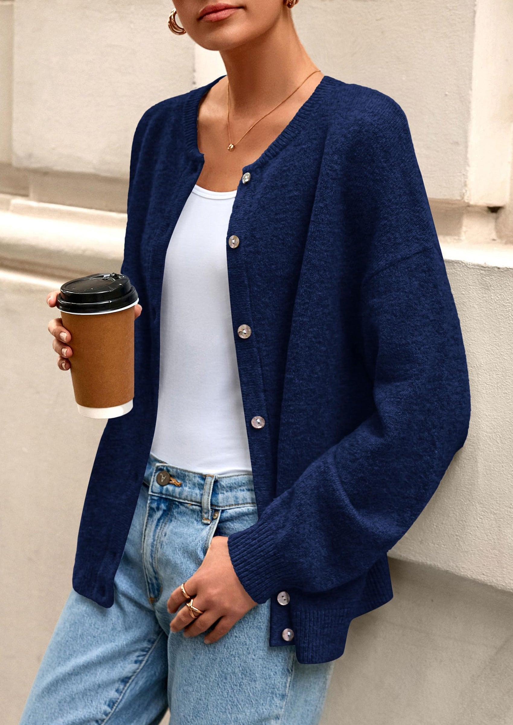 Fall Long Sleeve Cardigans for Women Trendy Open Front Winter Button Down Crewneck Soft Knit Sweater Jacket