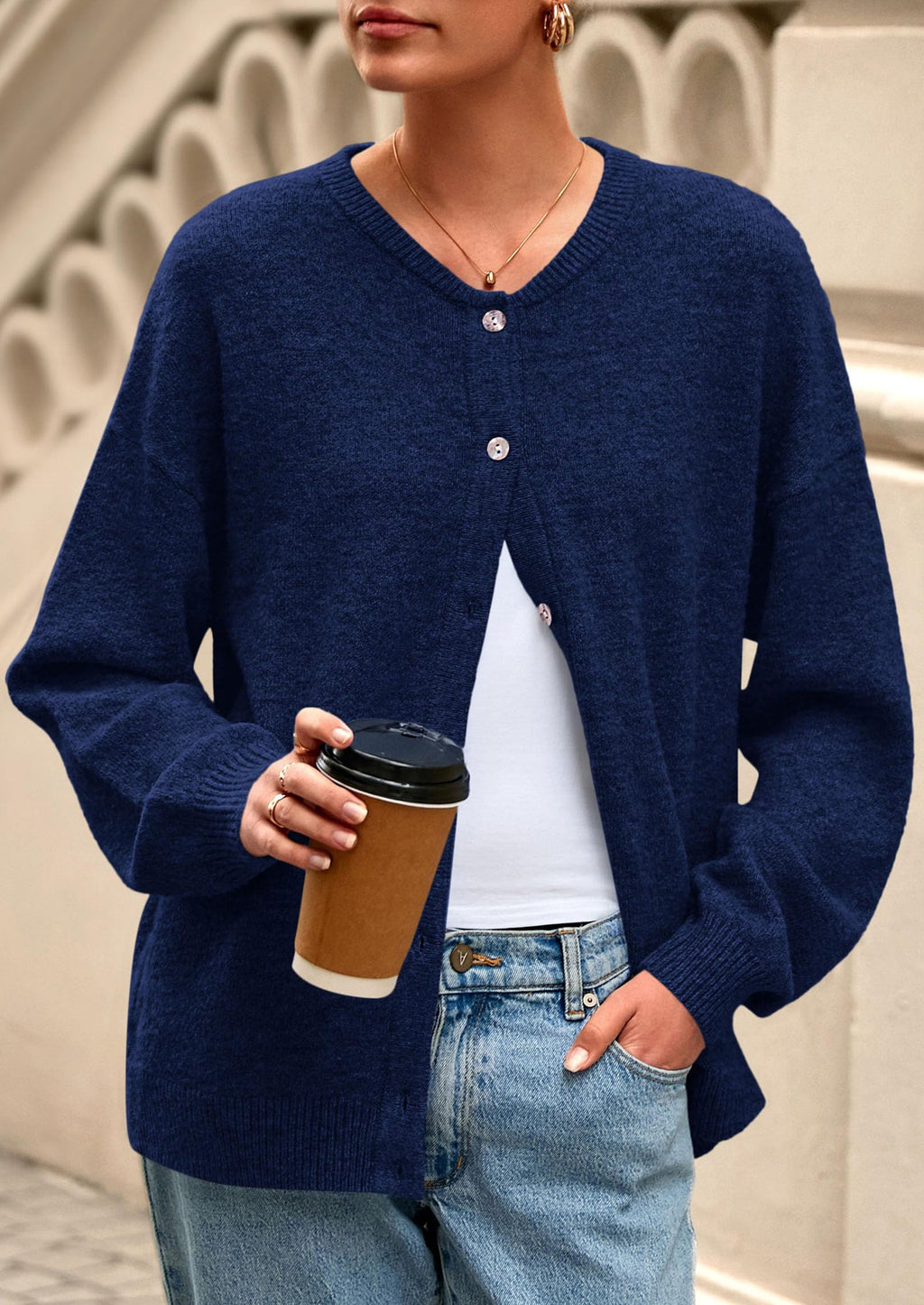 Fall Long Sleeve Cardigans for Women Trendy Open Front Winter Button Down Crewneck Soft Knit Sweater Jacket