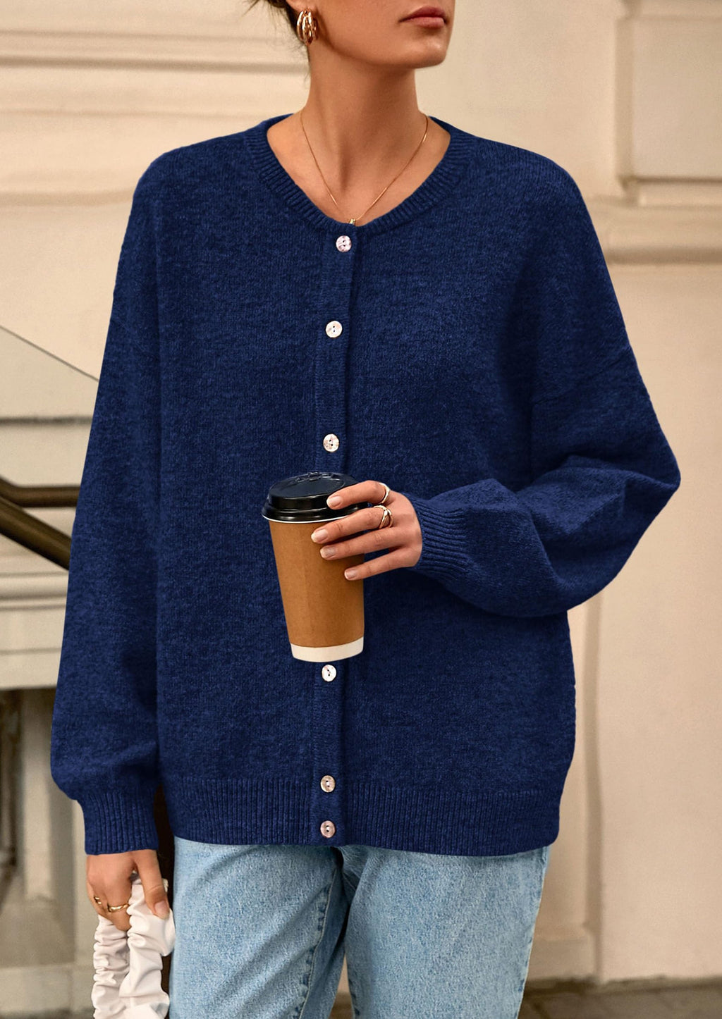 Fall Long Sleeve Cardigans for Women Trendy Open Front Winter Button Down Crewneck Soft Knit Sweater Jacket