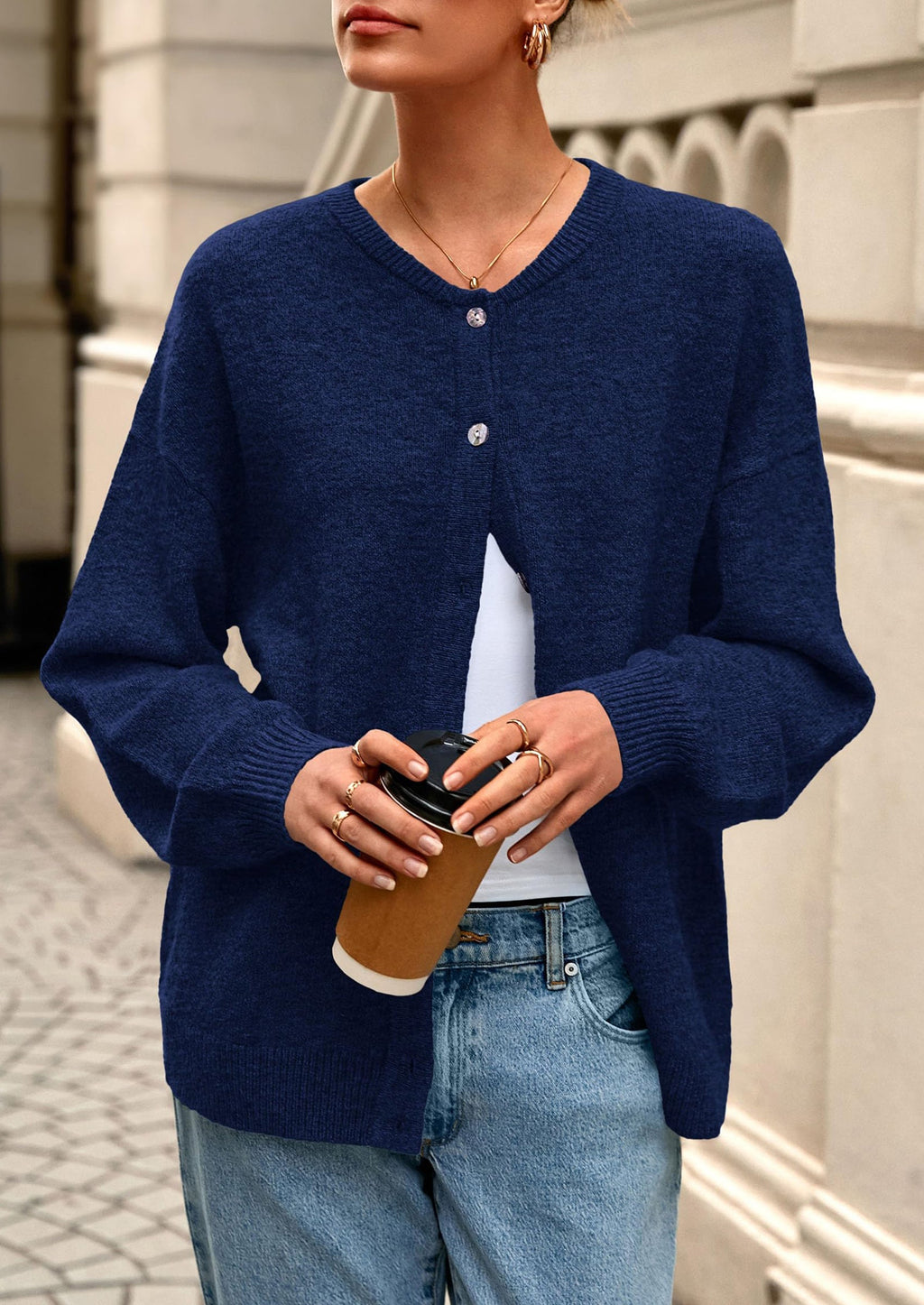 Fall Long Sleeve Cardigans for Women Trendy Open Front Winter Button Down Crewneck Soft Knit Sweater Jacket