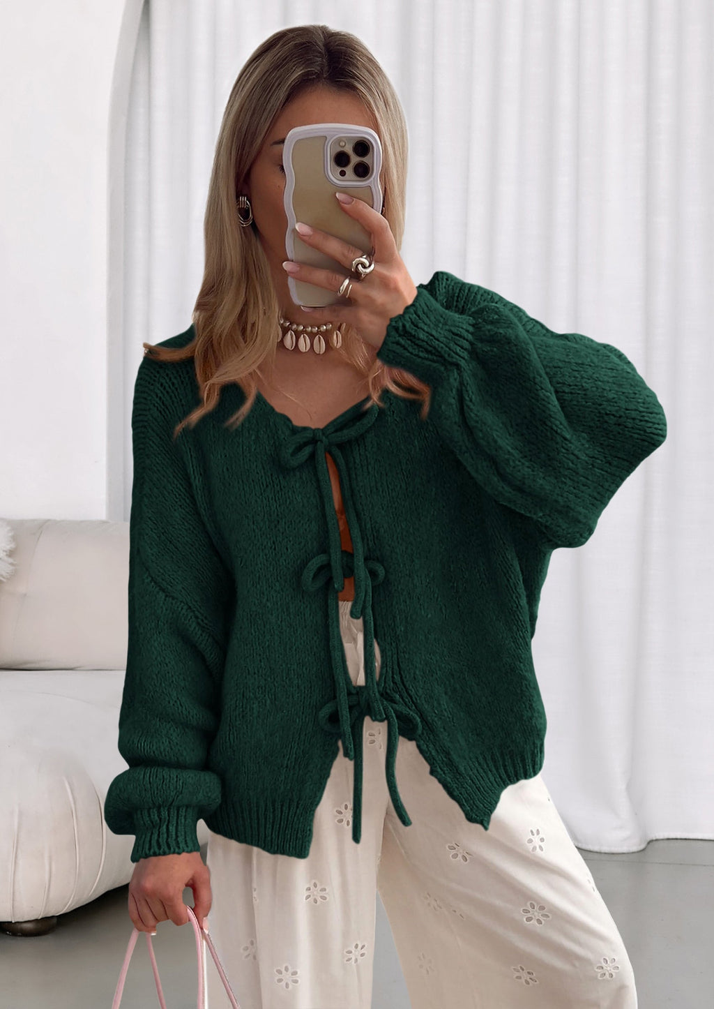 Women's Tie Front Bow Cardigan Sweaters Chunky Knit Long Puff Sleeve Trendy Fall Winter Jacket Coats